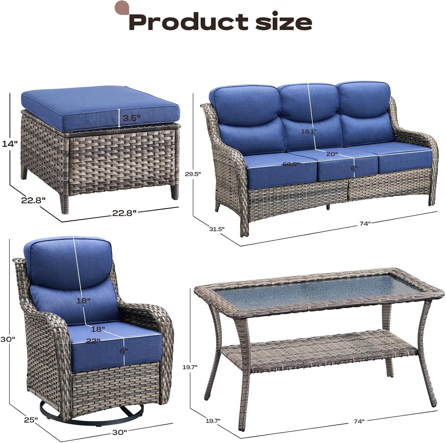 Wicker Outdoor Patio Furniture Set - 8 Piece Patio Conversation Sets with Swivel Rocker Chairs, Ottomans, Sofa and Table, 6 inch Cushions, Deep Seating, for Porch Deck Mixed Grey/Blue