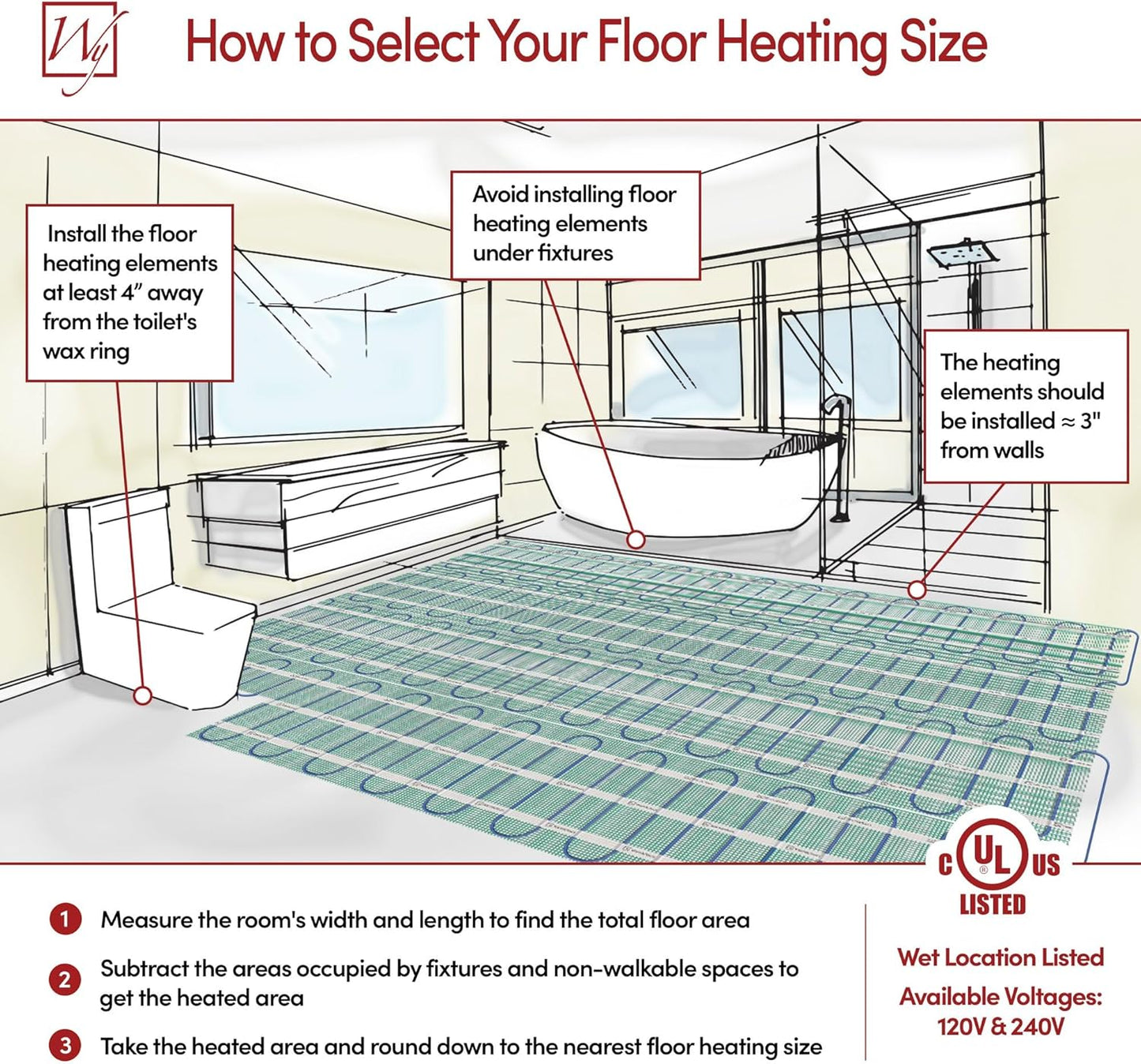 63 Sqft Heated Floor Mat Kit with Radiant Floor Heating System Thermostat UTN5, Two Sensors, Tester, 240V Electric Radiant Floor Heating Mat installs under Bathroom Tile, Vinyl - WarmlyYours TempZone
