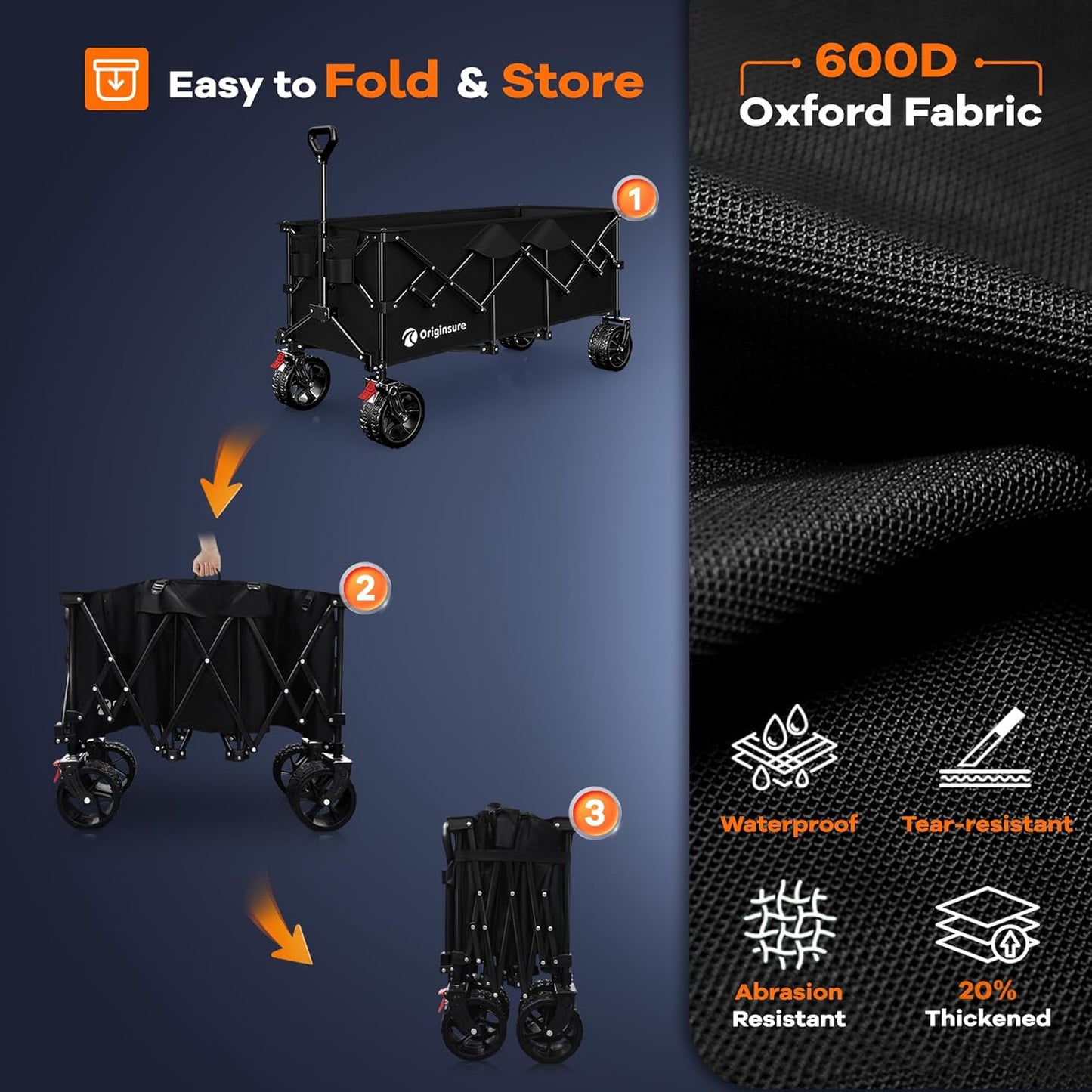 48" L Collapsible Wagon Cart Foldable, 560lbs Weight Capacity 300L Heavy Duty Folding Beach Wagons with Big All-Terrain Wheels, Utility Carts for Groceries, Shopping, Camping, Sports - Black