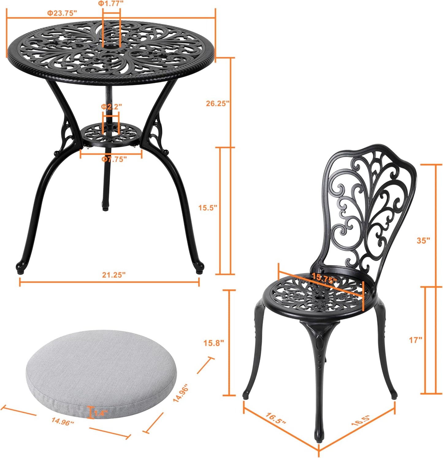 NUU GARDEN 3 Piece Outdoor Bistro Table Set, All Weather Cast Aluminum Patio Bistro Sets Patio Table and Chairs Set of 2 with Umbrella Hole for Yard, Garden, Balcony, Black