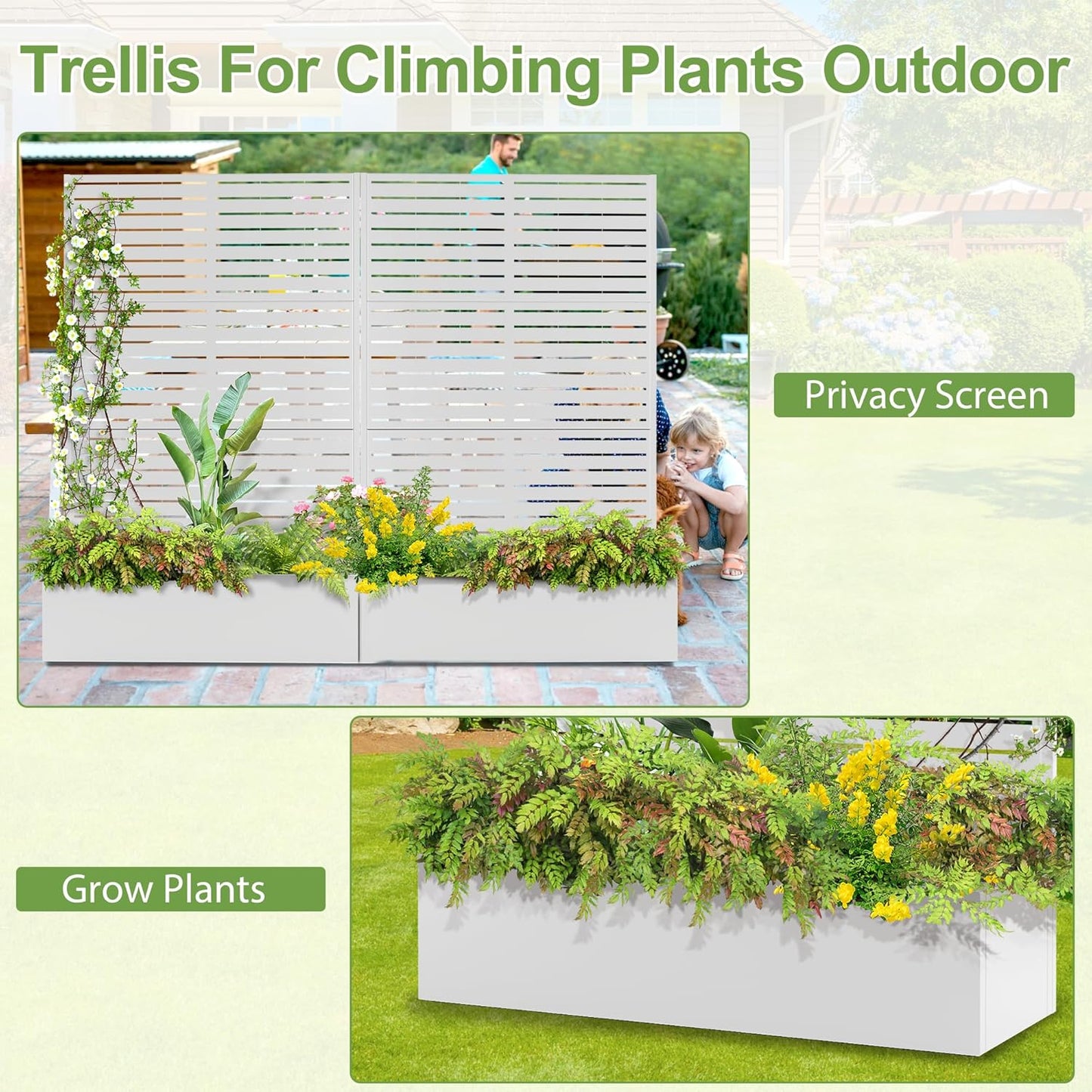 Trellis for Climbing Plants Outdoor,Mental Garden Bed with Drainage Holes Outdoor Privacy Screen Design Tall planters for herb Flower Vegetables 73"x47"x16", White-Louvered