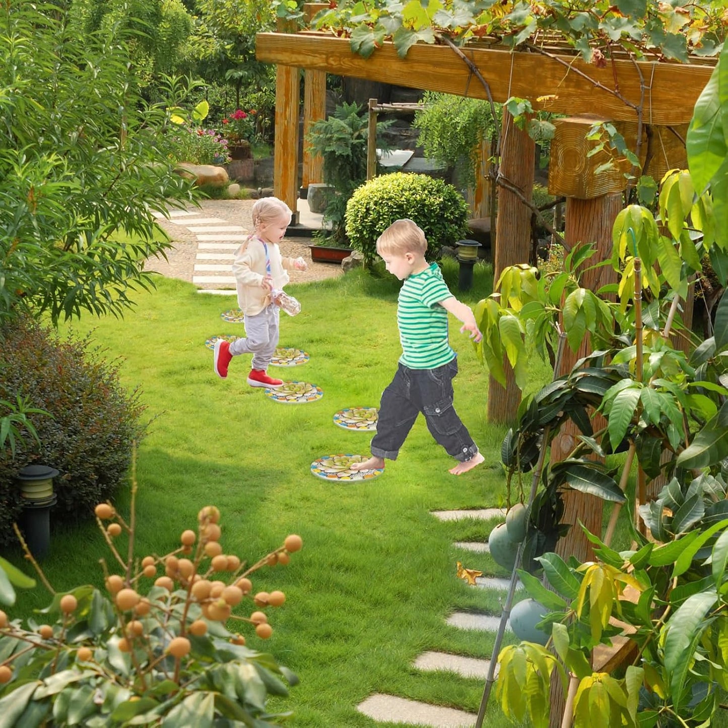 Succulent Pattern Cement Stepping Stones - Outdoor Pavers for Walkway, Multicolored Decorative Stone for Garden, 0.75 x 10 x 10 Inch