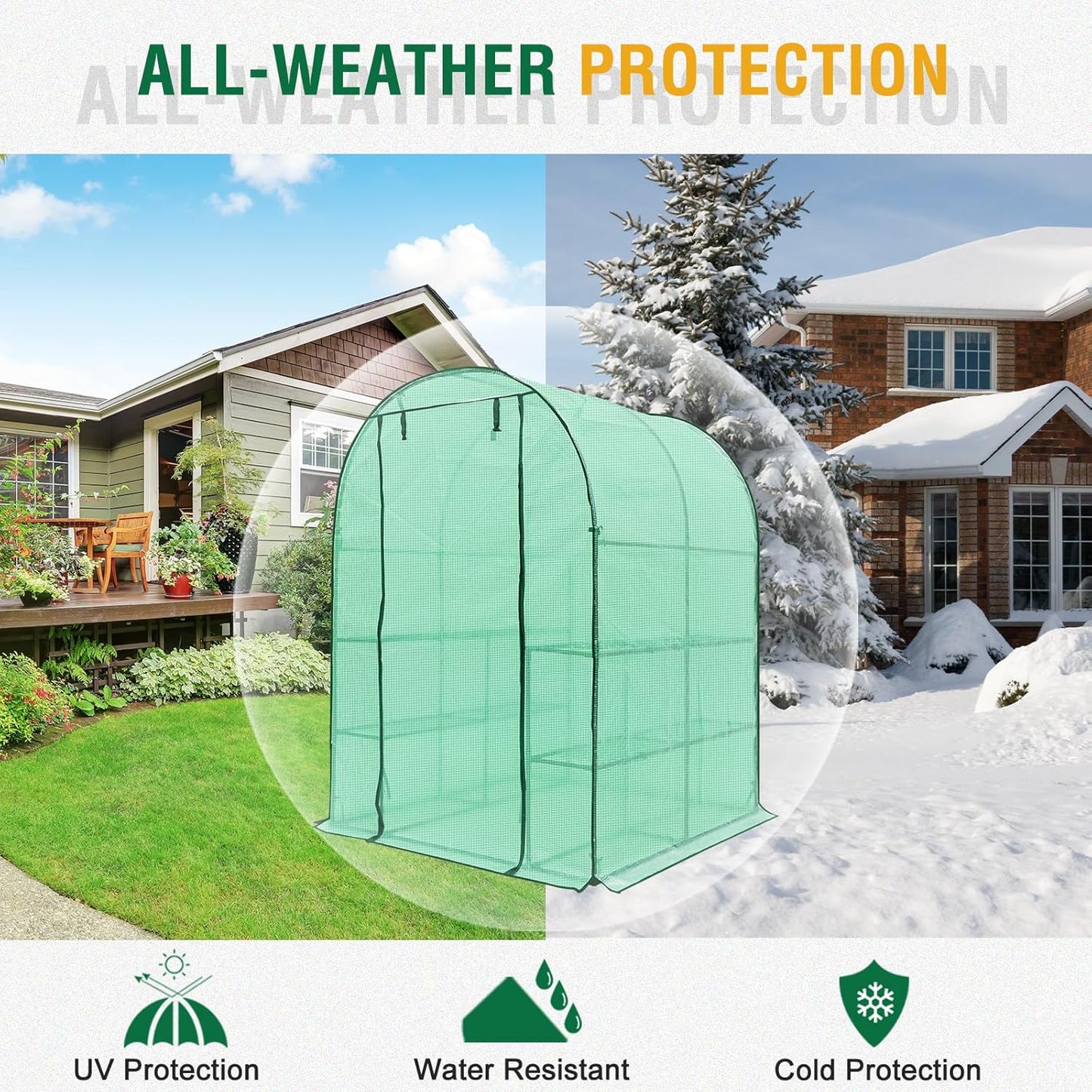 EAGLE PEAK 3-Tier Walk in Portable Greenhouse with 8 Wire Shelves, Indoor and Outdoor Garden House with Roll Up Zipper Door and Windows, Easy Set Up, 56.3"x56.3"x76.8", Clear/Green PE Cover