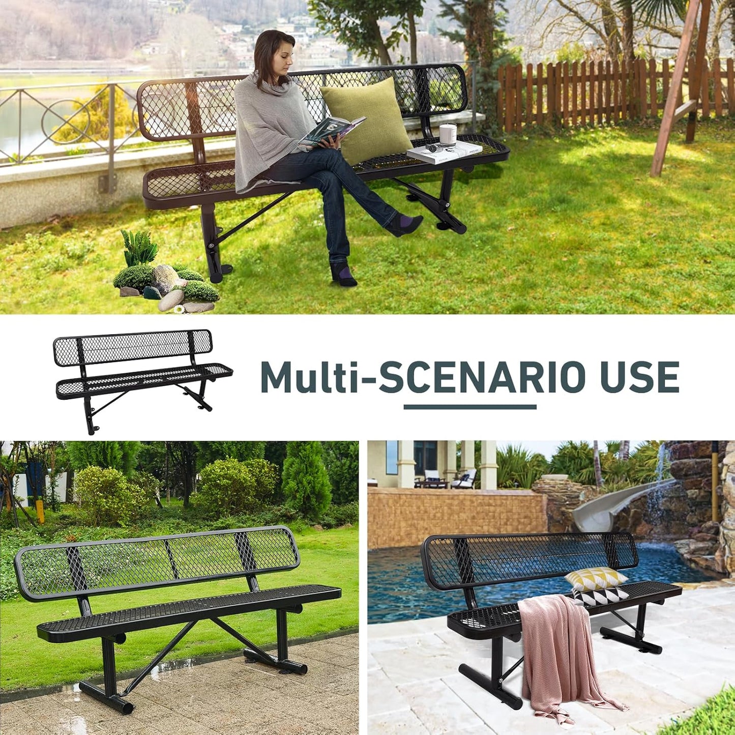 Outdoor Garden Bench, Cast Iron Metal Frame Patio Park Bench with Backrest, Portable Expanded Metal Black Bench, Commercial-Grade Outdoor Seating for Lawn, Patio, Park, Yard, Garden (Black, 6FT/72')