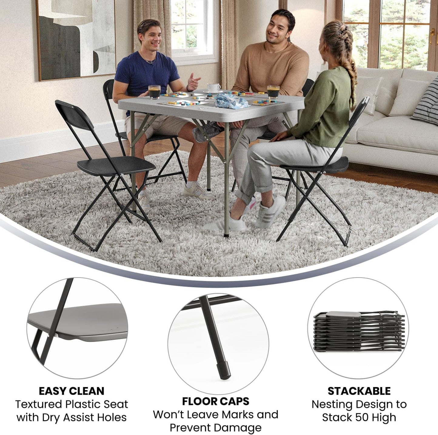 Flash Furniture Hercules Series Plastic Folding Chairs for Parties and Weddings, Stackable Commercial Event Seats with 650-lb. Static Weight Capacity, Set of 2, Black