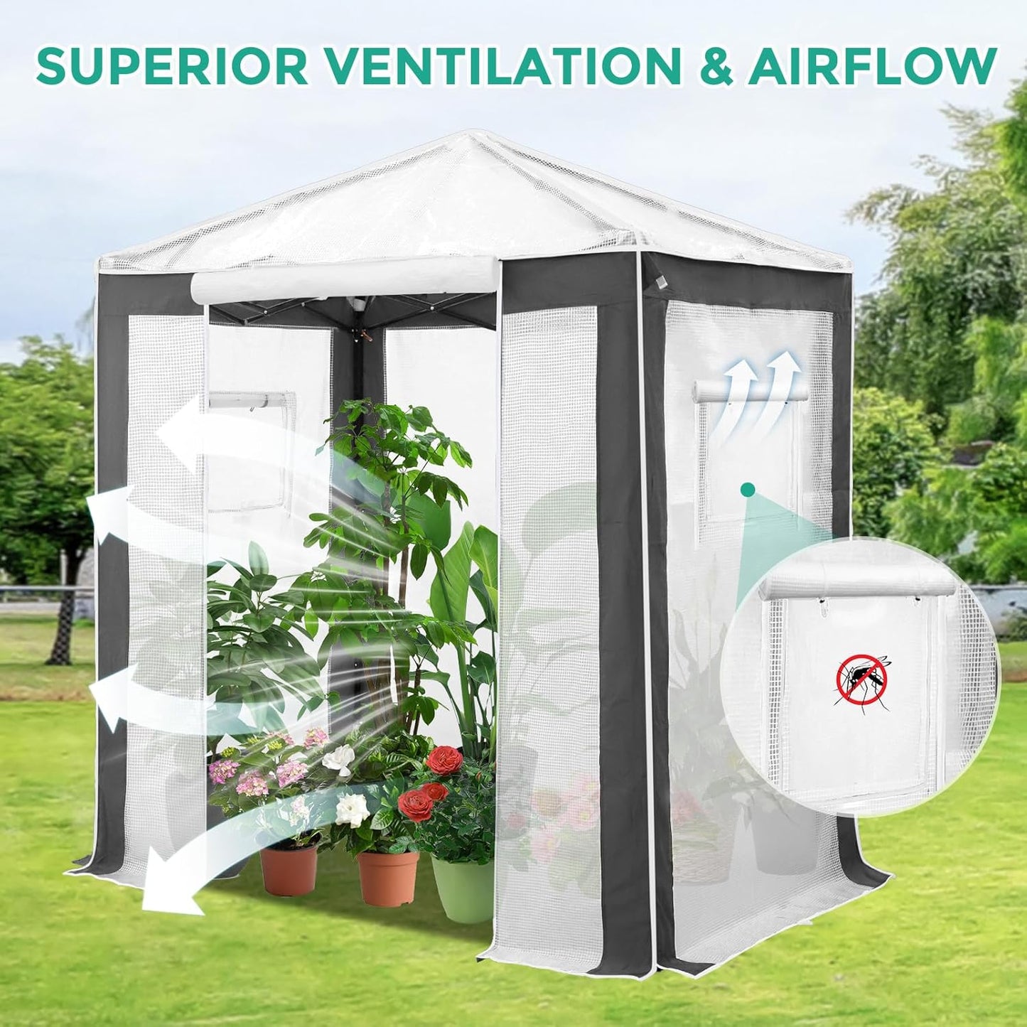 EAGLE PEAK 6x4 Portable Walk in Greenhouse with Polyester Reinforced Corners, Instant Pop up Indoor Outdoor Gardening Green House, Roll Up Zipper Entry Door and Mesh Windows, Gray/White