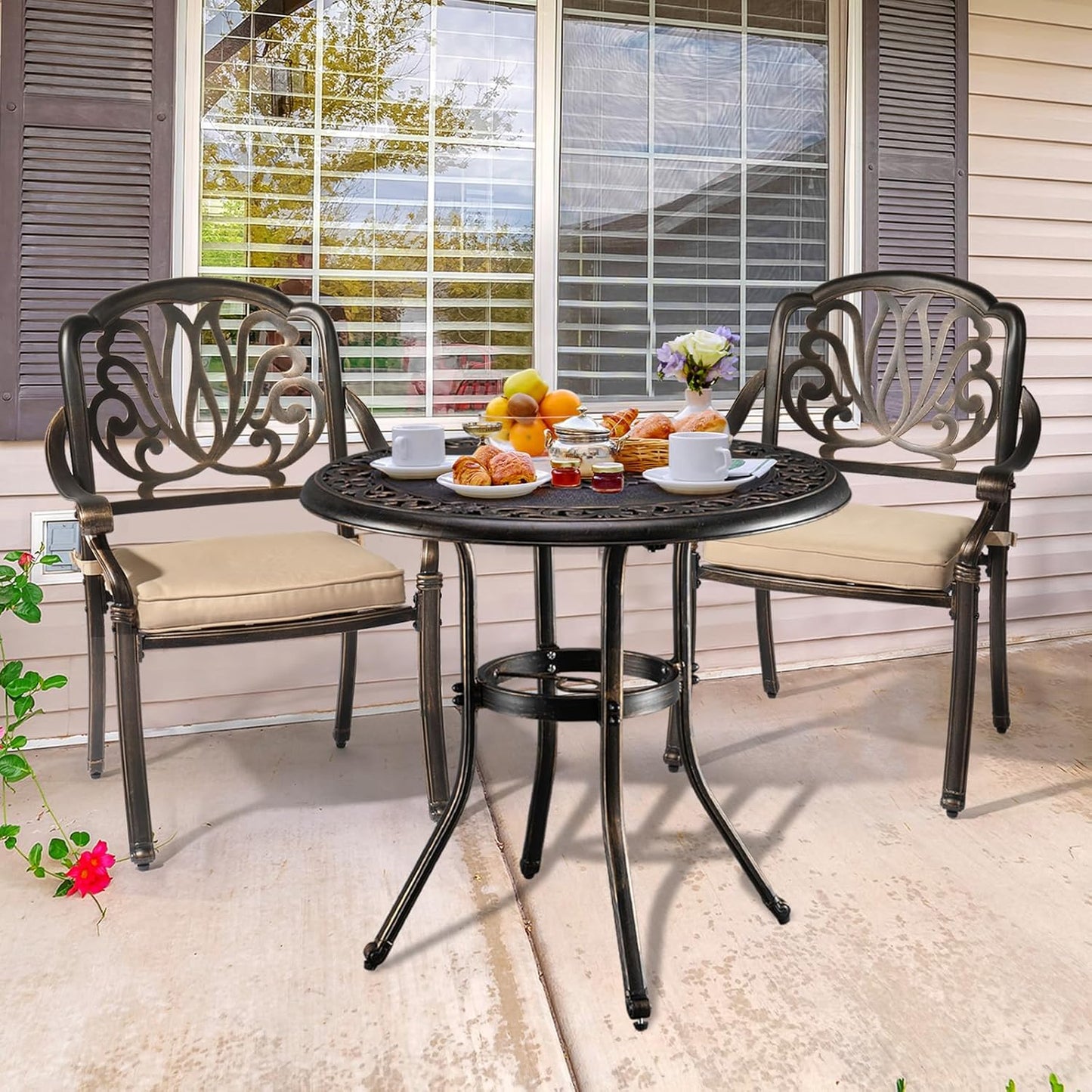 VINGLI 32 Inch Outdoor Patio Table with Umbrella Hole, Cast Aluminum Round Patio Dining Table Bistro Table for Backyard, Garden, Patio, Porch (Bronze)