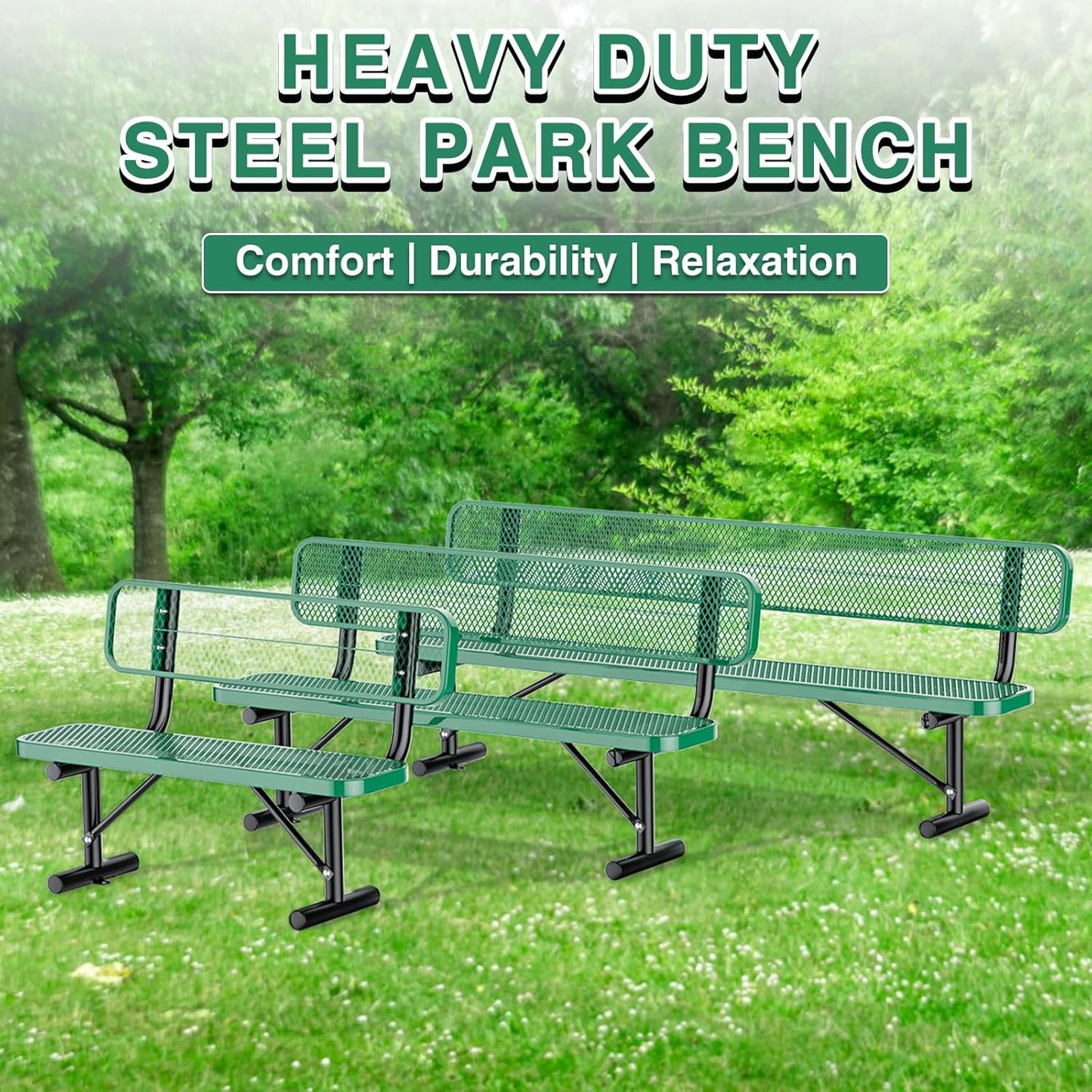 Thermoplastic Coated Iron Park Bench for Outside, Heavy Duty Metal Garden Bench, Expanded Commercial Grade Seating for Shopping Malls, Lawn Yard Porch Entryway (Green with Backrest, 96IN)