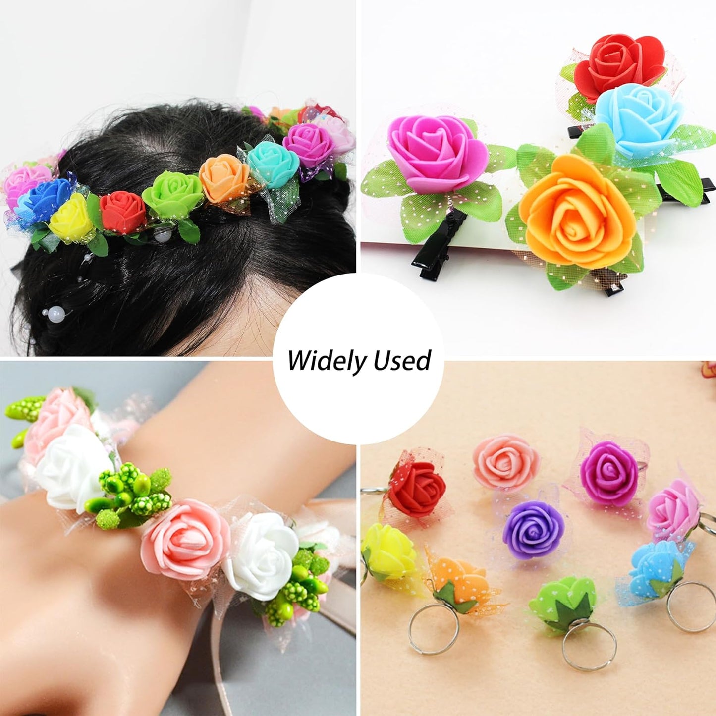500 Pcs 0.6 Inch Mini Artificial Flowers Head Bulk 5 in 1 Set Faux Foam Fake Small Rose Tiny Baby Flores Bouquet Wreath Gift Hair Clip Home Decoration DIY Craft (White)