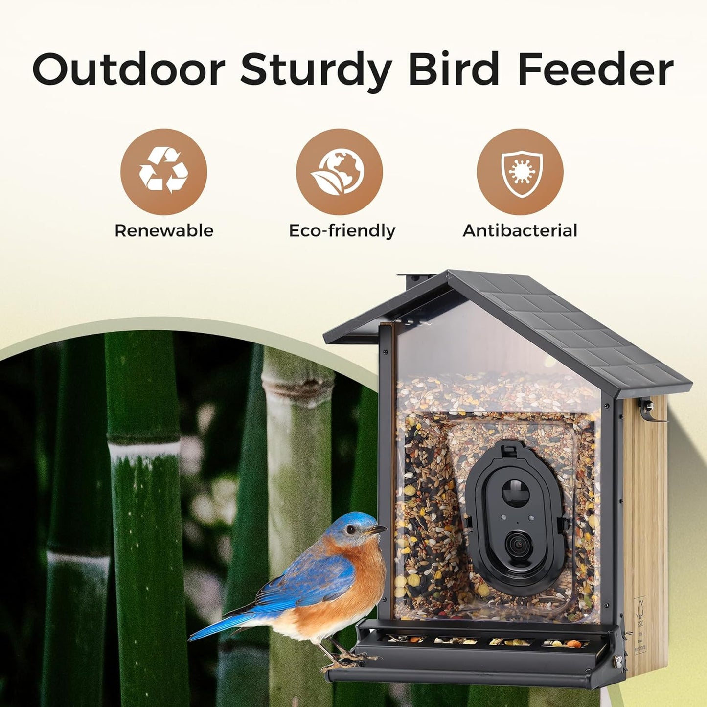 TT Nature Upgrade Squirrel-Proof Bird Feeder with Camera, Solar Powered, Smart AI Bird Species Recognition, Instant Notification, CCPA Data Security, Bamboo 3.2L Large Capacity, Ideal Gift