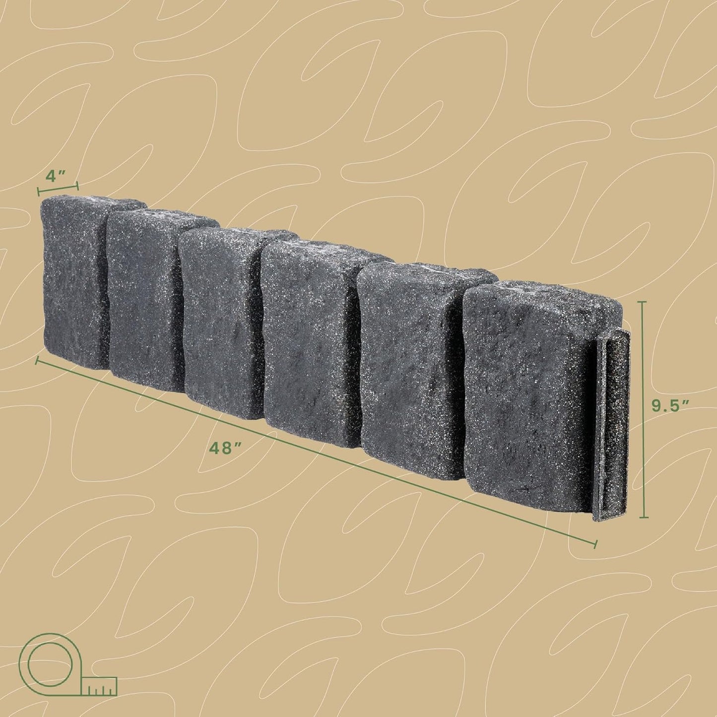 Beuta Landscape Edging | Garden Edging Border | Faux Stone Block XL for Lawn Edging, Flower Beds & Yard Edging – 4 Pack | Each Section Has 6 Blocks 48" L x 4" W x 9.5" H | 12 Spikes | Charcoal