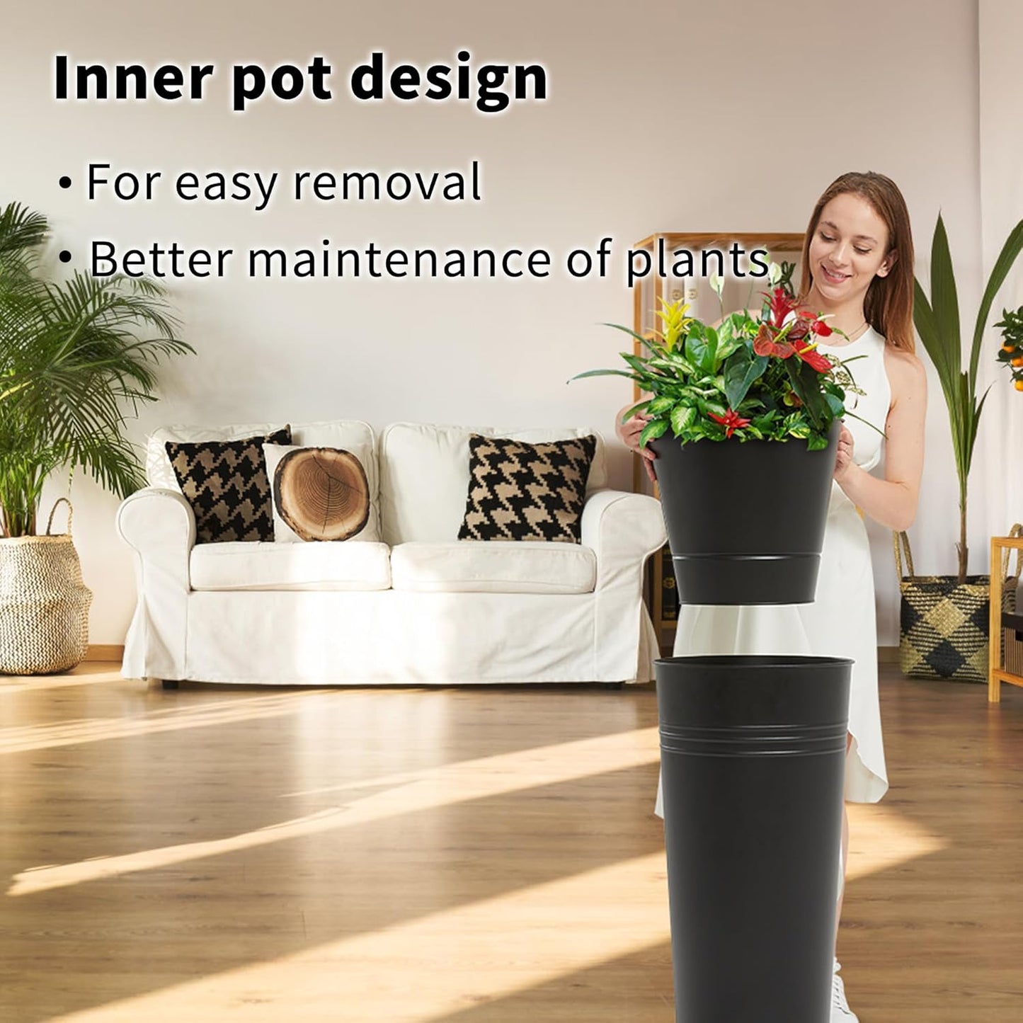 KOL 22''H 2-Pack Planter with Water Level Indicator - Galvanized Steel Pot - Self Watering Planters Flower Pot for Plant - Inner Pot Design - Round Metal Planter Box - Indoor Outdoor Planting - Black