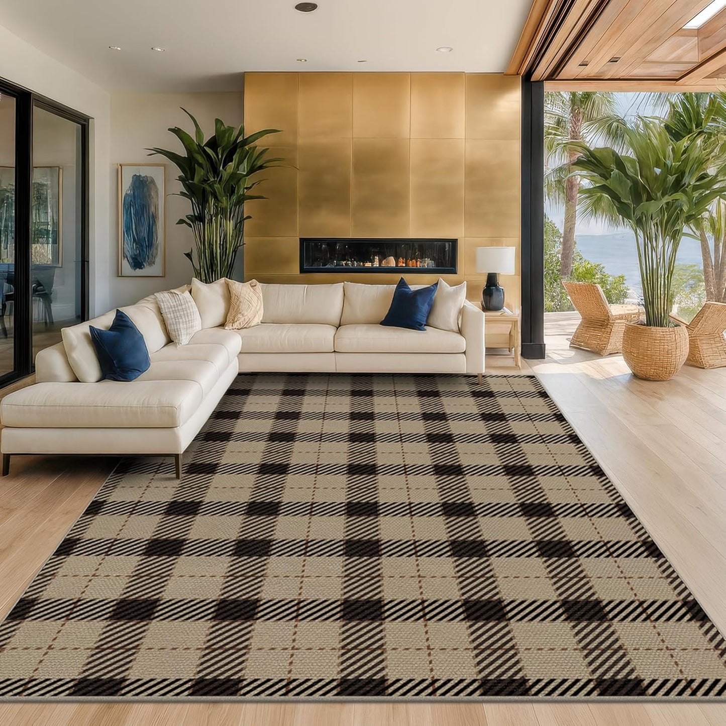 Neutral Easy Jute Rug 9x12 for Living Room, Large Indoor Outdoor Natural Color Farmhouse Area Rugs for Patio, Backyard and Dining Room, Plaid Woven Design, Non Shed, Washable Outside Carpet