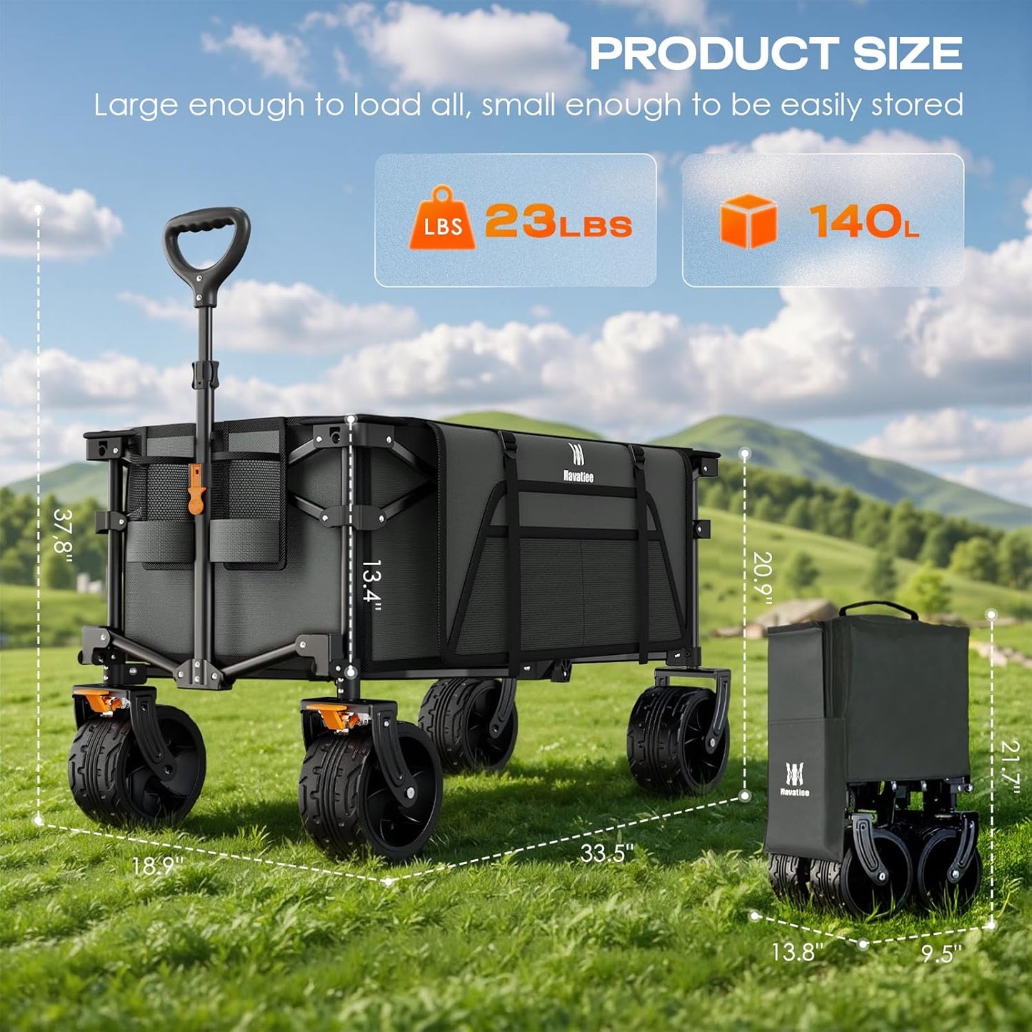 Navatiee Big Wheels Collapsible Wagon Cart Foldable, Heavy Duty Beach Wagon with Silent All-Terrain Wheels, Folding Utility Grocery Cart with Side Pocket and Brakes for Camping Garden Sports, Gray