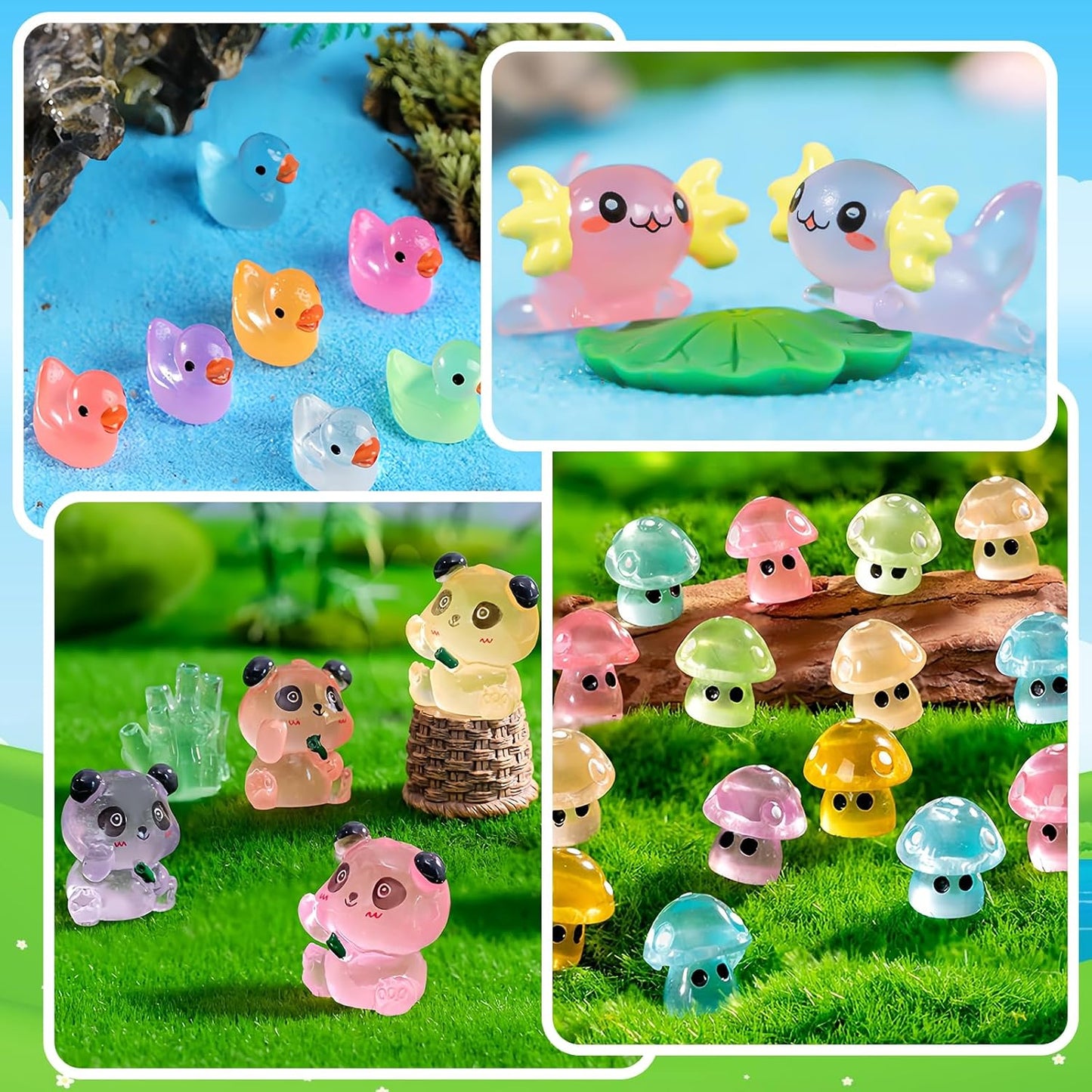 120 Pcs Luminous Mini Resin Animals Glow in The Dark Small Little Tiny Resin Figurines Ducks Axolotls Pandas Garden Miniature Figures for Crafts Micro Landscape Decoration Fairy Garden Accessories
