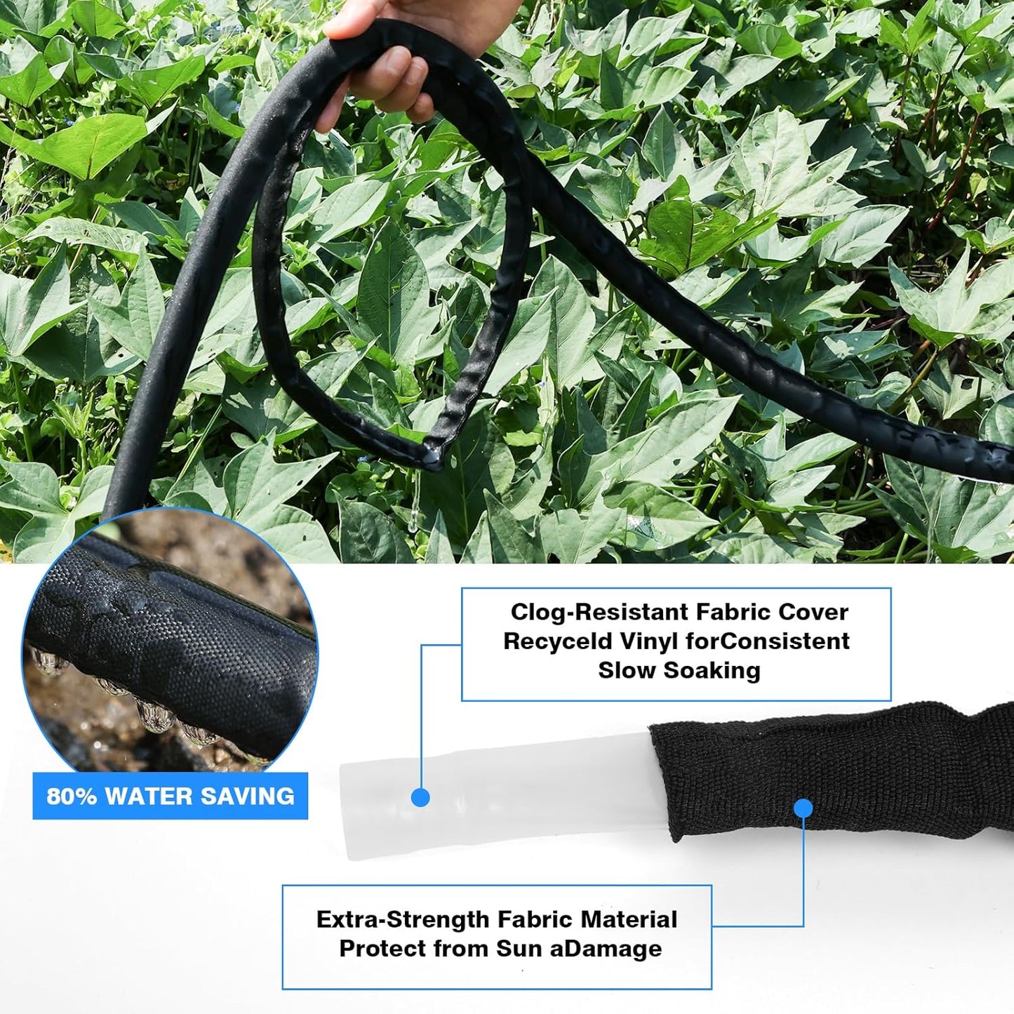 Flat Soaker Hose 50FT x 2 PACK,Drip Hose for Garden Beds Linkable Irrigation System Lightweight and Easy Watering for Tree Plant and Save 80% Water for You (100FT)