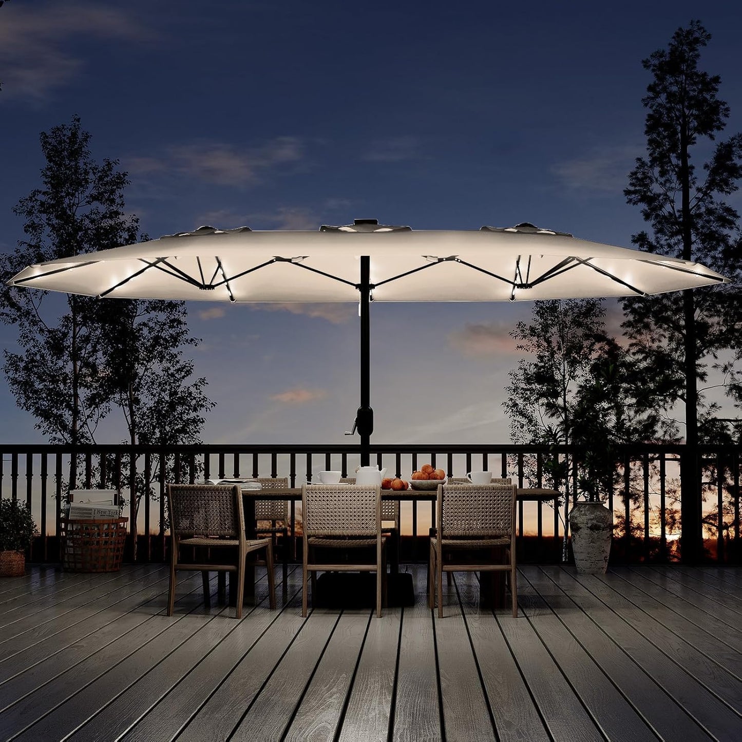 15FT Extra Large Double-Sided Patio Umbrella with Solar LED Lights – Heavy-Duty Rectangular Outdoor Market Umbrella, Fade-Resistant UV Canopy, Included Base for Backyard, Pool, Deck, Garden – Beige/Mist Blue