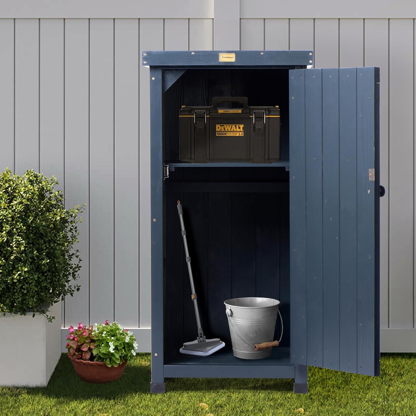 Outdoor Storage Cabinet for Patio, Garden Potting Bench Table with Shelves & Metal-Tabletop, Wooden Planting Work Station, Weatherproof
