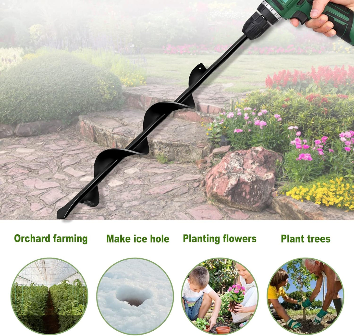 LONGRUN Auger Drill Bit for Planting-1.7"x15" Planting Auger, Garden Spiral Hole Drill Bulb Planter Tool for Planting, Bedding Plants, Flowers, Umbrella Holes - 3/8 Inch Hex Drive Drill Augers