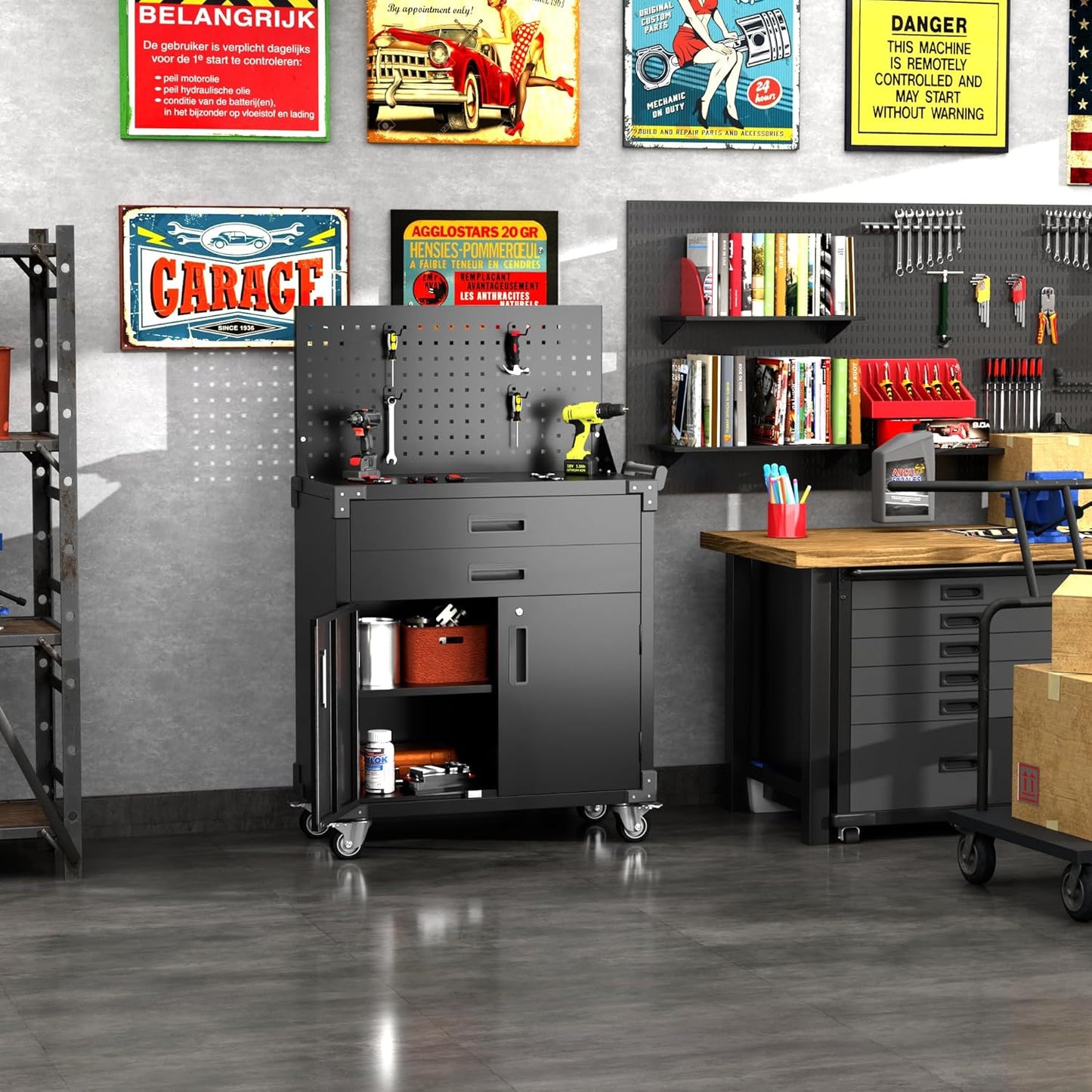 Tool Chest, Tool Cart with 2 Drawer and Lockable Doors, Garage Storage Cabinet with Wheels, Pegboard and 4 Hooks for Garage, Workshop, Metal Tool Storage Cart