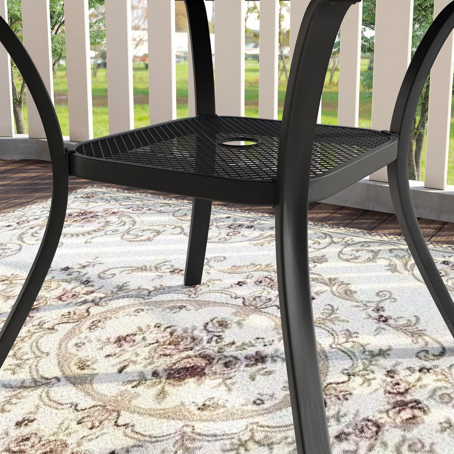 VICLLAX 7 Pieces Patio Dining Set, Outdoor Furniture Set Includes 47.2" Round Patio Table and 6 Patio Sling Chairs, Black Tabletop and Blue Fabric