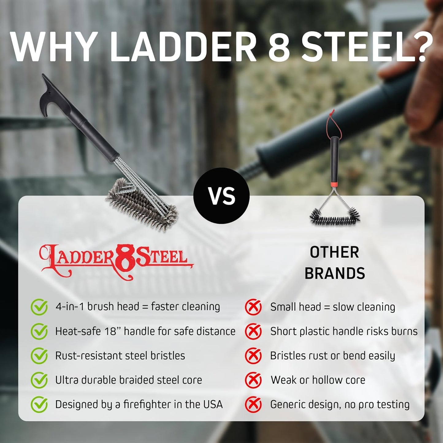 Heavy Duty Grill Brush for Outdoor Grill โ Safe Grill Brush Designed by Firefighter | Barbecue Grill Brush & BBQ Brushes for Grill Cleaner | Durable & Safe for All Grates