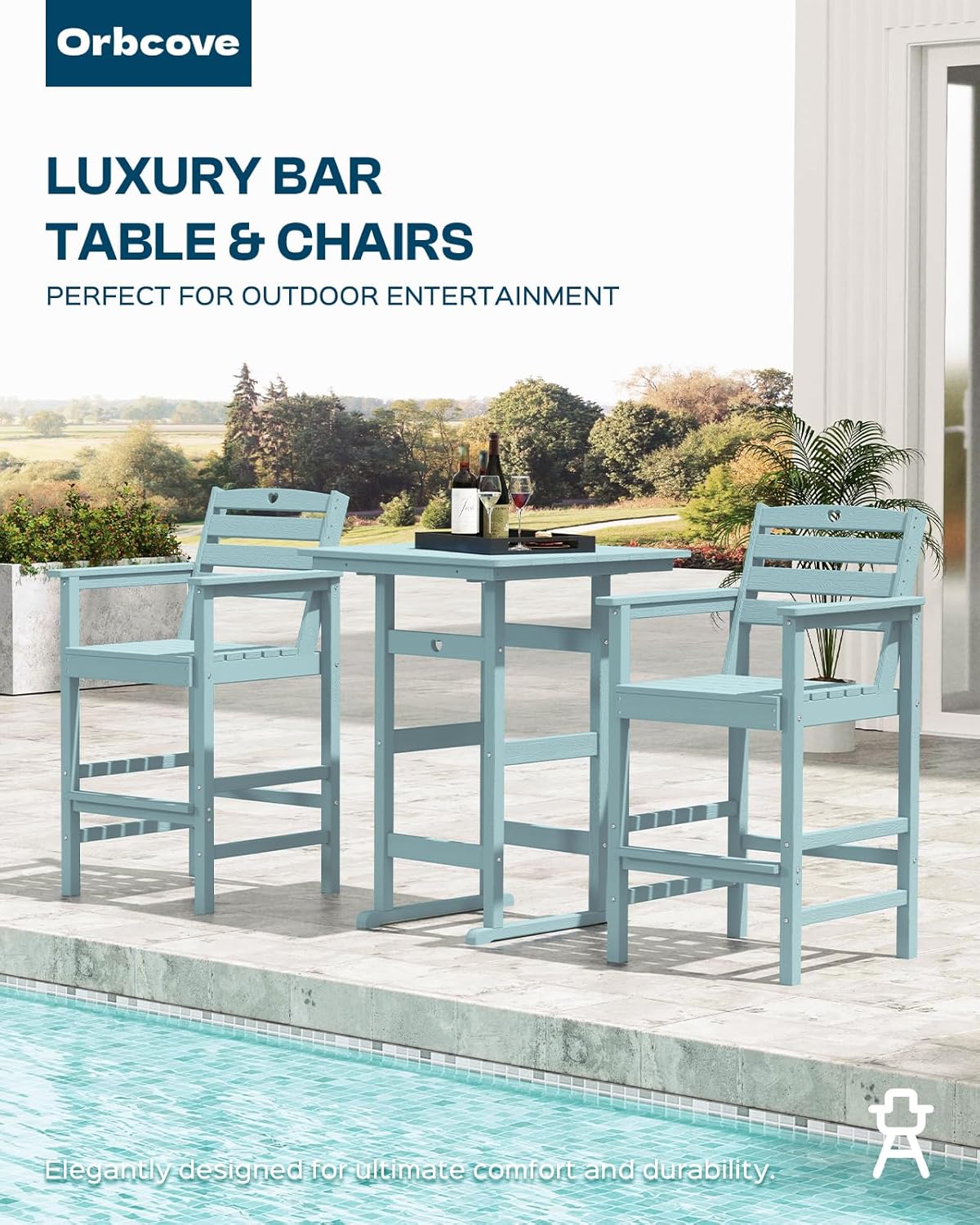 Tall Adirondack Chairs Set of 4, HDPE Wood Balcony Adirondack Chairs Set with Heart Cutout Design, Weather-Resistant Bar Height Furniture for Deck, Porch, Pool (Light Blue)