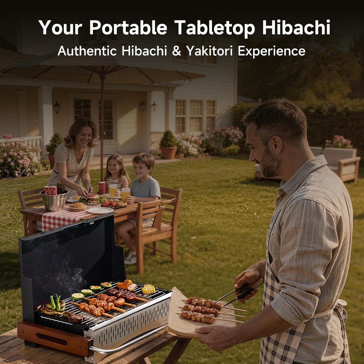 Portable Hibachi Charcoal Grill for Outdoor Camping, No Assembly BBQ Grill with Stainless Steel Grate, Height Adjustable Foldable Grill for Beach and Patio