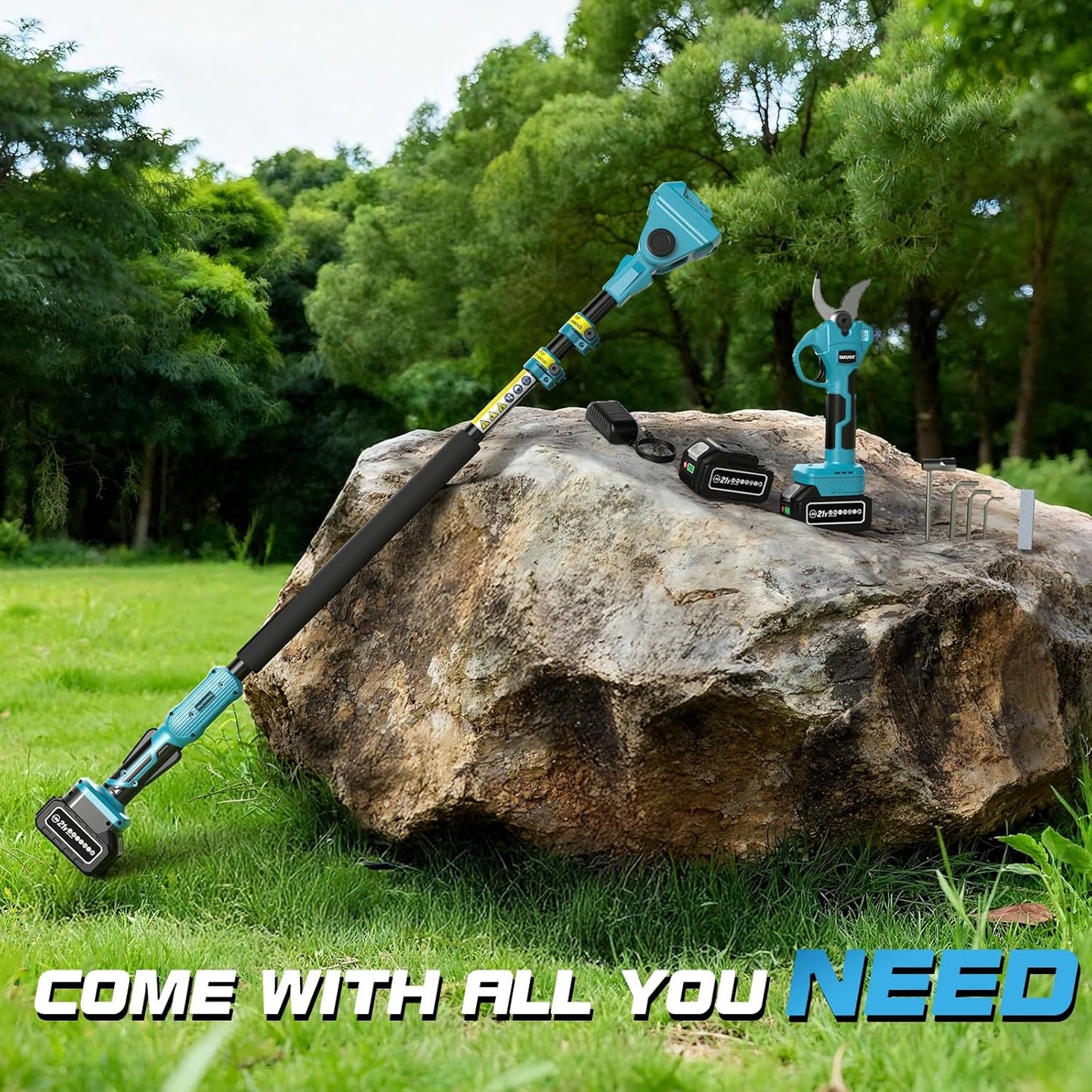 Takuoo Cordless Electric Pruning Shears with Pole, 2.4" Max Cutting Diameter 14.7FT Reach, Brushless Pole Pruning Shears with 21V 2×4.0Ah Battery, Power Pole Tree Pruner for Branch Trimming
