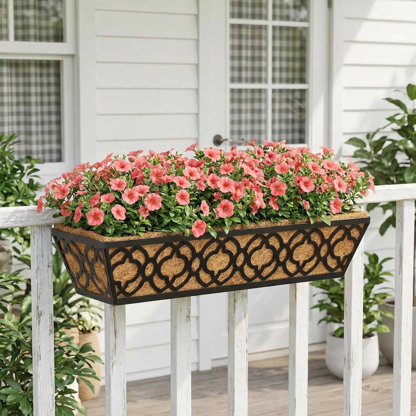 Y&M Railing Planter Boxes 24 Inch 2 Pack, Hanging Balcony Planter, Adjustable Deck Railing Planter Box, Metal Window Boxes Outdoor for Fence, Porch Flower Pots Holder