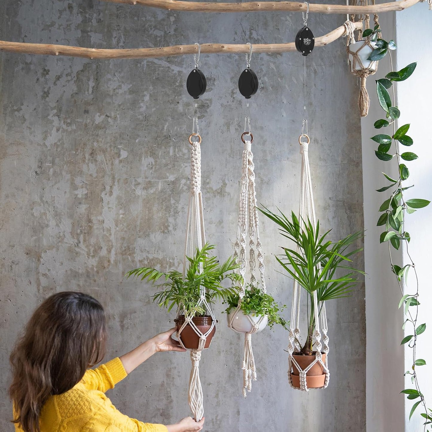 Plant Pulleys, Heavy Duty Retractable Hangers, 304 Stainless Steel Rope, Auto Plant Holder, Adjustable Climbing Hook for Garden Baskets, Watering, or Bird Feeders 2PC (Black)