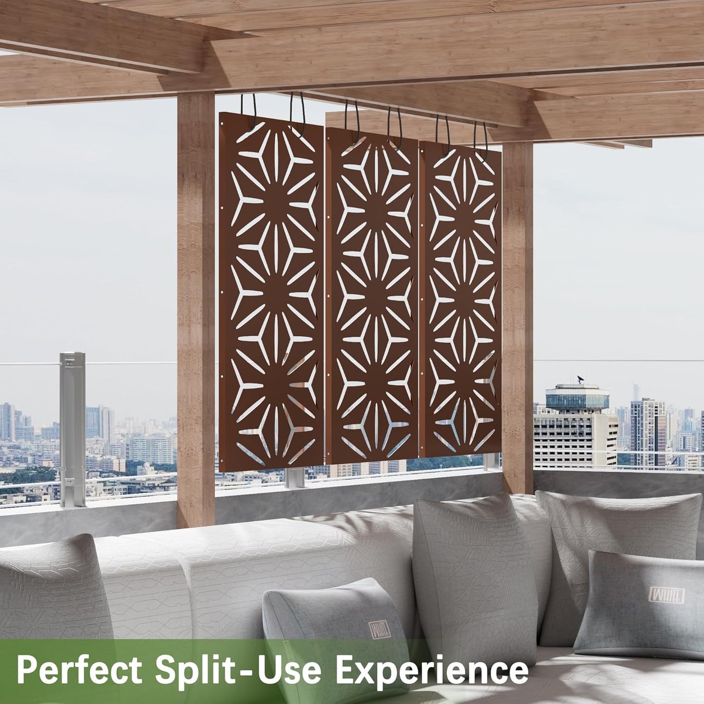 Cofar Metal Privacy Screen Outdoor 72" H×44" W -Brown Freestanding Outdoor Privacy Panels with Stand, Decorative Fence for Patio, Deck, Balcony(Floral)