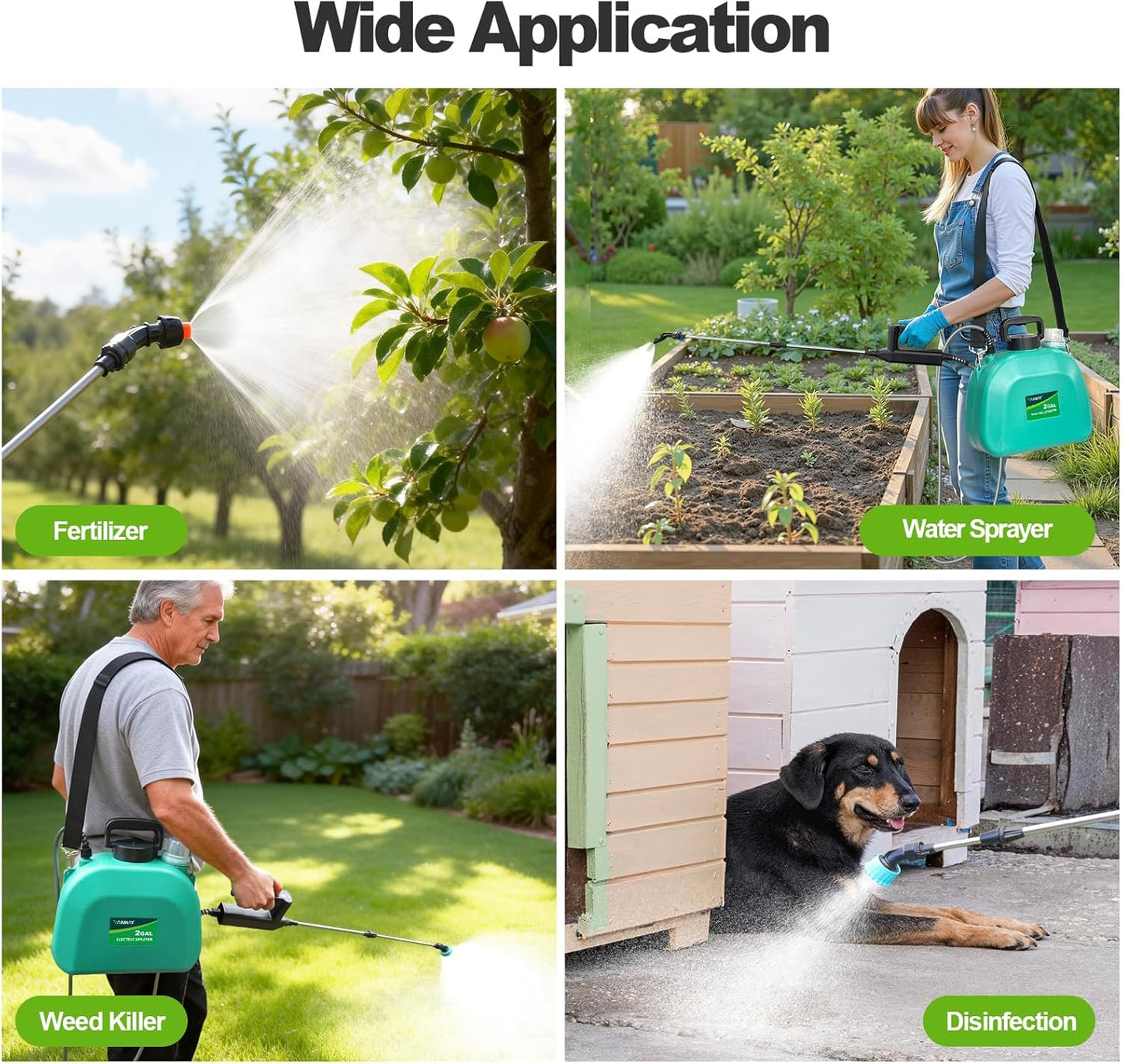 VAXMAY Battery Powered Sprayer 2 Gallon, Upgrade Electric Garden Sprayer with 3 Adjustable Speed, Battery Indicator, 4 Mist Nozzles, Rechargeable Handle, Retractable Wand, Shoulder Strap for Weed Lawn
