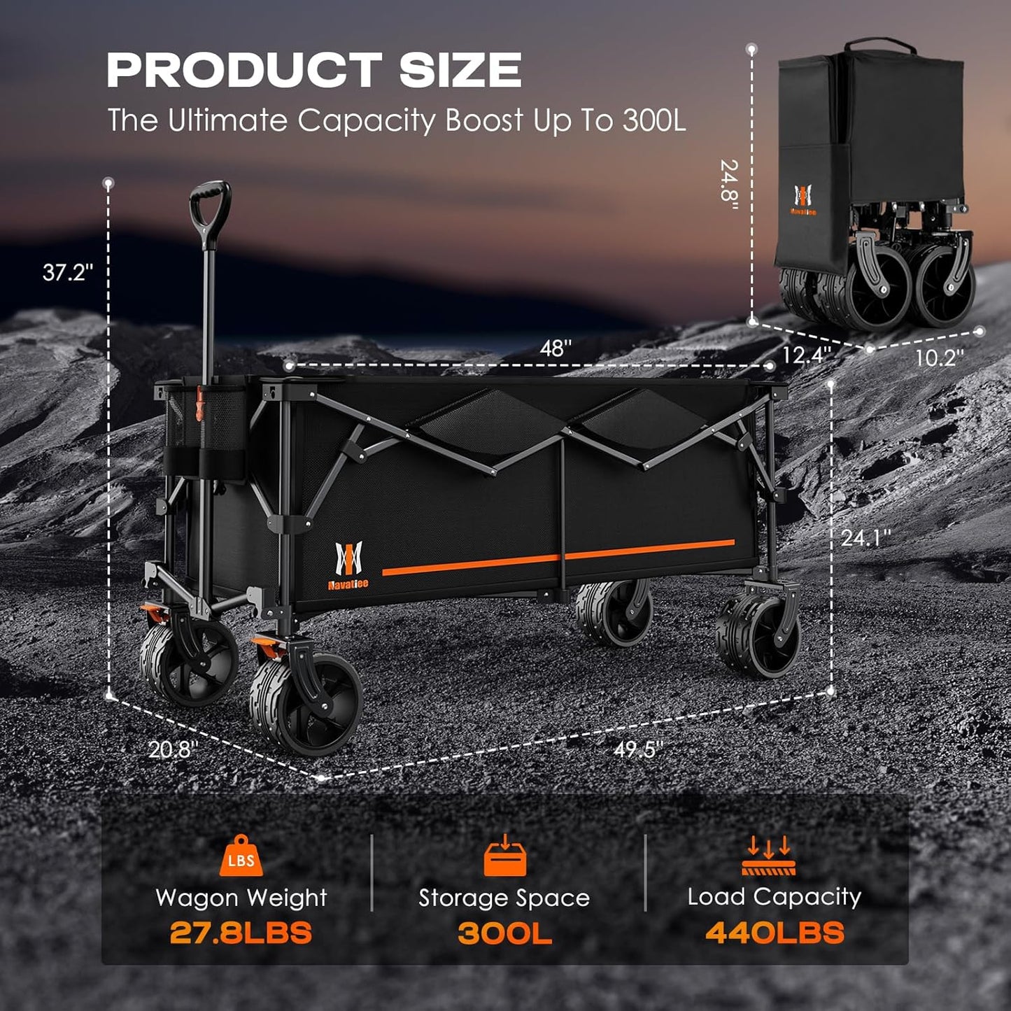 Navatiee 300L Extra Large Collapsible Wagon Cart Foldable, 48''L Extended Heavy Duty Folding Beach Wagon with 440LBS Weight Capacity and Big Wheels, Utility Garden Cart for Sports Camping