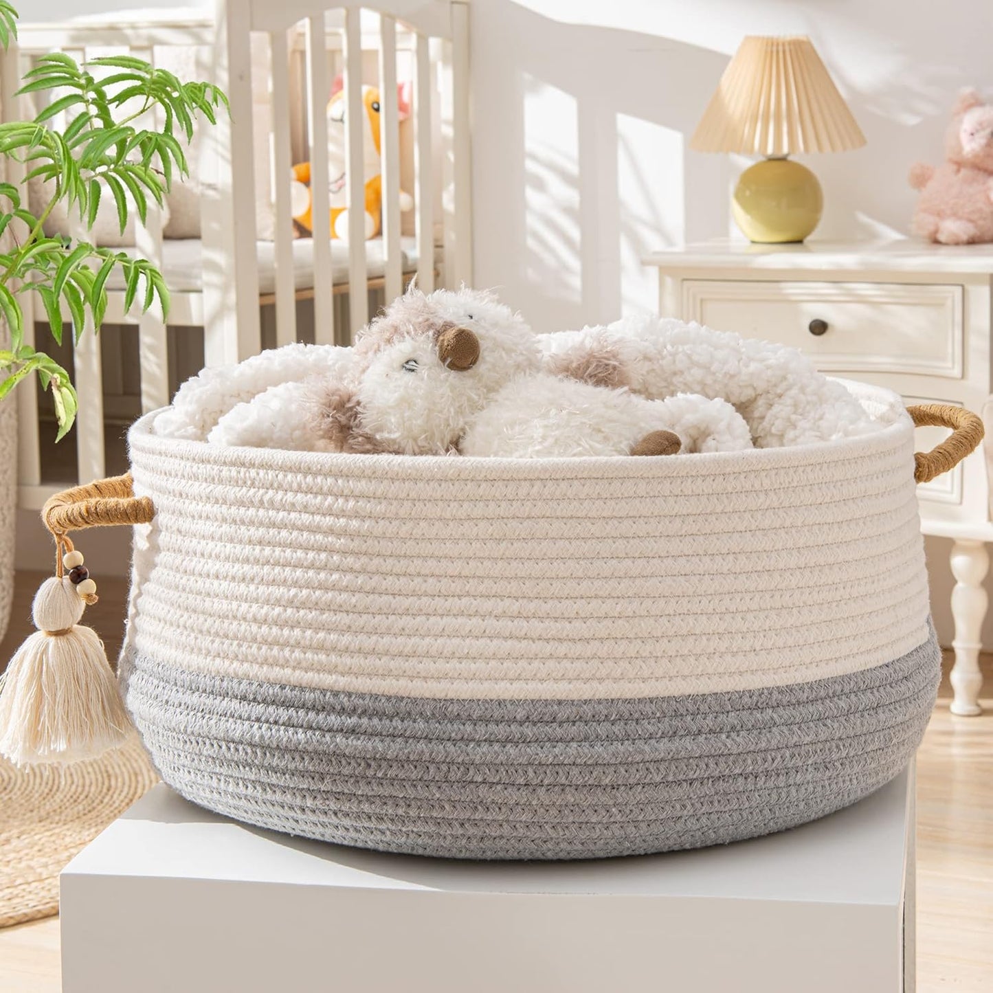 KAKAMAY Woven Baskets for Storage(16"x8"),Blanket Basket for Organizing Living Room,Cotton Rope Basket Woven Baby Laundry Hamper,Collapsible Laundry Room Organization,Clothes,Toy Chest(Grey)