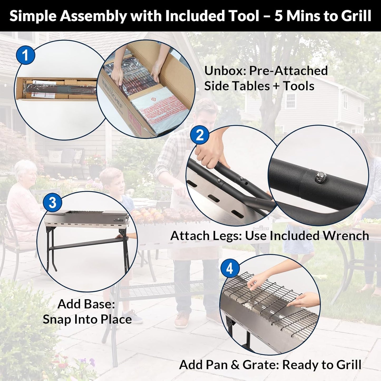Charcoal Grill, Foldable Portable Camping Charcoal Grill, Stainless Steel BBQ Grill with Ceramic Grate, 2-in-1 Side Tables & Pull-Out Ash Pan Outdoor & Backyard Grill for Patio Cooking