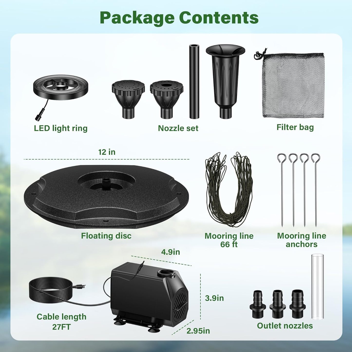 Biling Floating Pond Fountain with 660GPH Fountain Pump, Color-Changing LED Lights, 27 FT Power Cord, 3 Spray Patterns, Pond Water Fountain for Outdoor Pond, Black