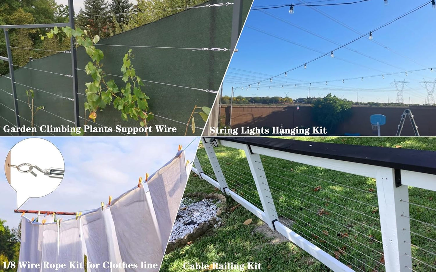 1/8 Wire Rope Kit,100ft Vinyl Coated Stainless Steel Cable with M5 Turnbuckles for Outdoor String Light Hanging Kit, Clothesline Cable, Curtain Hanging System