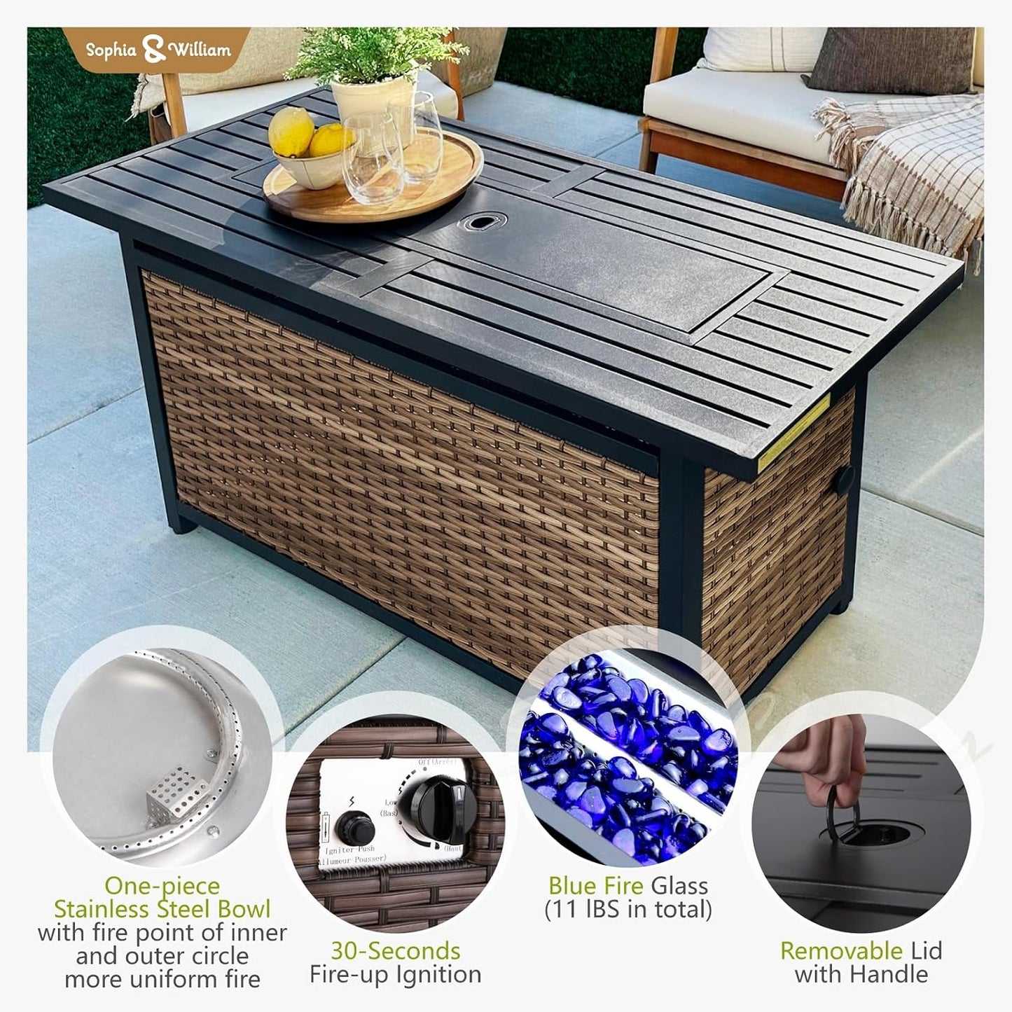 Sophia & William Patio Furniture Set with Fire Pit Table, 9 Piece Half Moon Outdoor Wicker Sectional Sofa Set, Rattan Conversation Set with 56-Inch Fire Pit Table & Ottoman (Beige)
