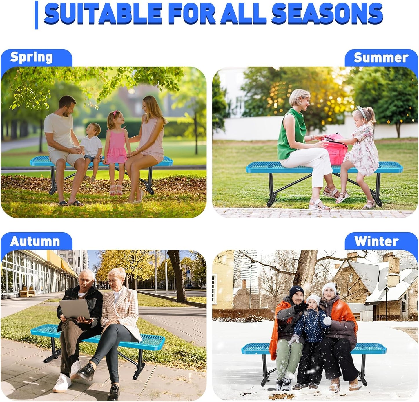 Thermoplastic Coated Iron Park Bench for Outside, Heavy Duty Metal Garden Bench, Expanded Commercial Grade Seating for Shopping Malls, Lawn Yard Porch Entryway (Blue Without Backrest, 72IN)