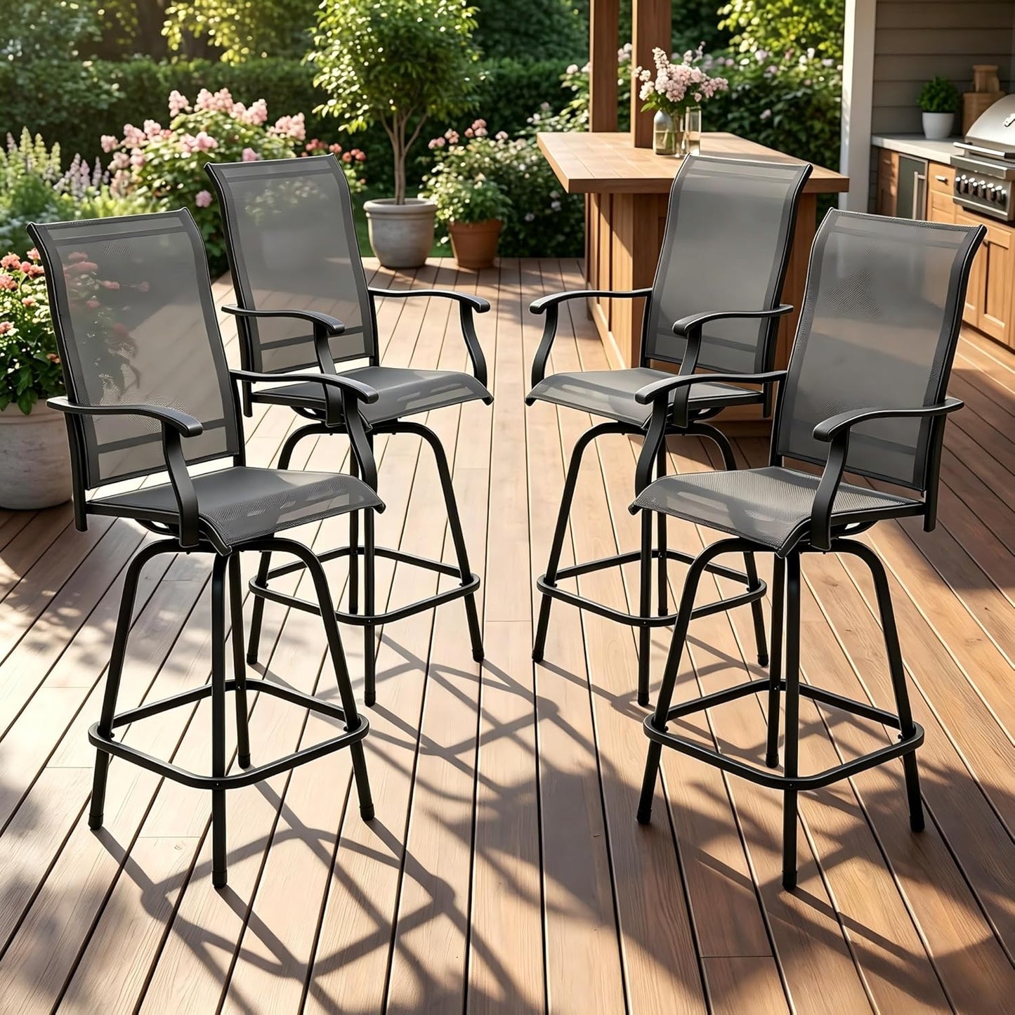Oakcloud 4-Piece Patio Swivel Bar Stools, All-Weather Padded Textilene High Top Chairs, Swivel Outdoor Bar Height Furniture, Adjustable Feet for Lawn, Garden, Poolside (Grey)