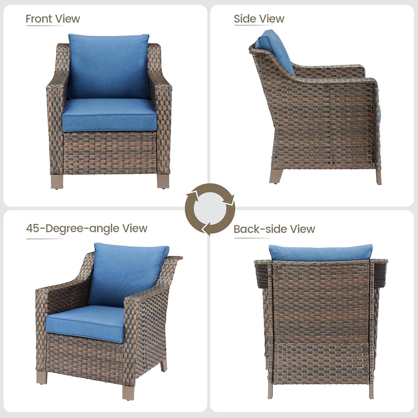 Outdoor Wicker Patio Chairs Set of 2 - Heavy Duty Outside Modern PE Rattan Lawn Chair for Front Porch Balcony Backyard Yard Deck Poolside Apartment – Brown/Blue