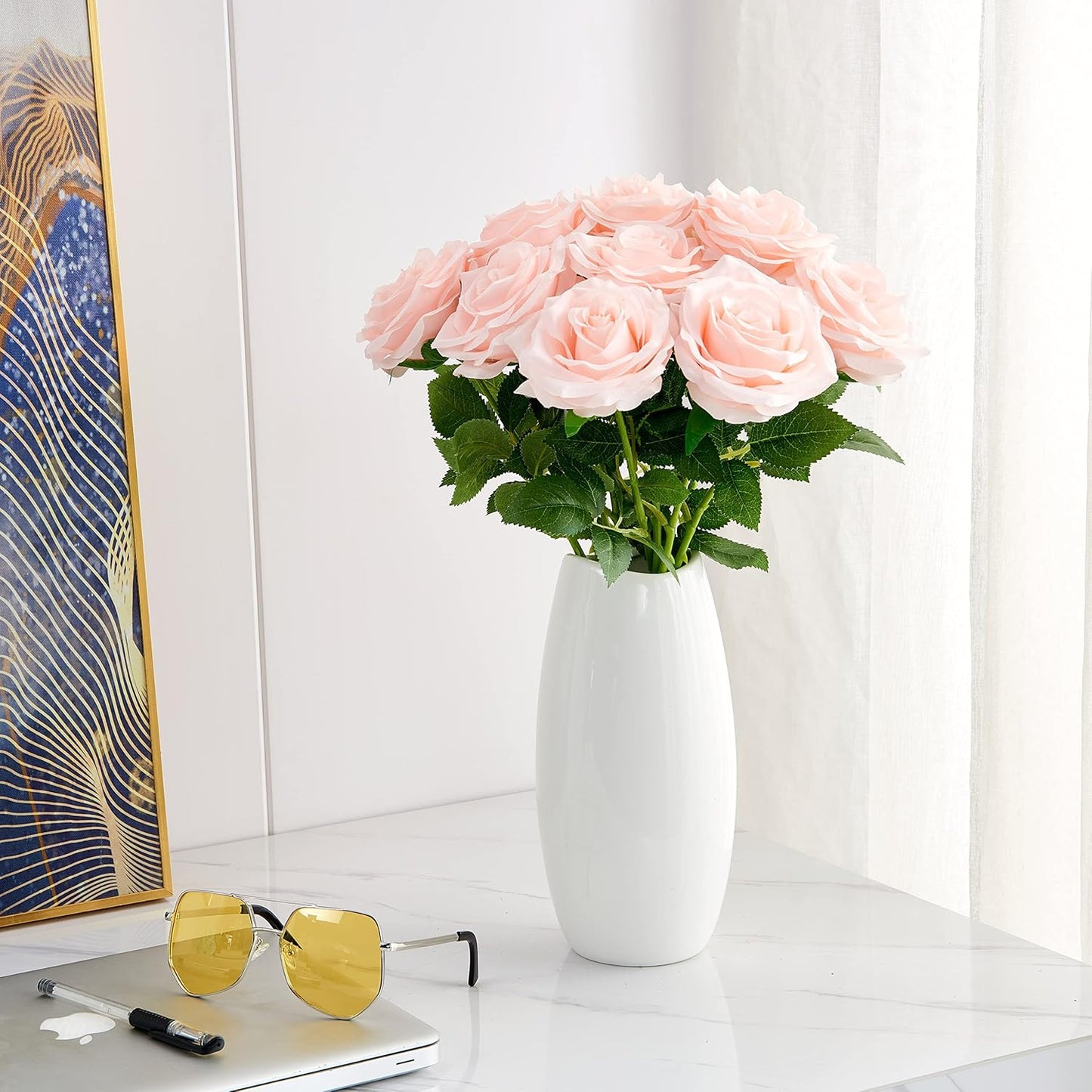 Artificial Rose 10pcs Open Flower Bouquet Faux Rose Stems for Wedding Arrangement, Bridal Bouquet, Centerpiece, Fake Faux Silk Flowers (Blush)