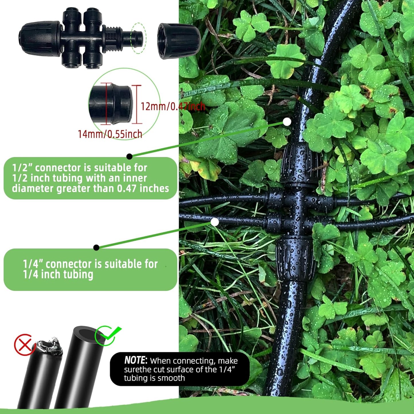 4 Pack 1/2'' to 1/4'' Drip Irrigation Fittings, Push-to-Fit 6 Way Drip Irrigation Part Barbed Tee Connectors, Anti-leak Locked Splitter Fitting for 1/2" Irrigation Tubing (0.6''-0.67''OD)