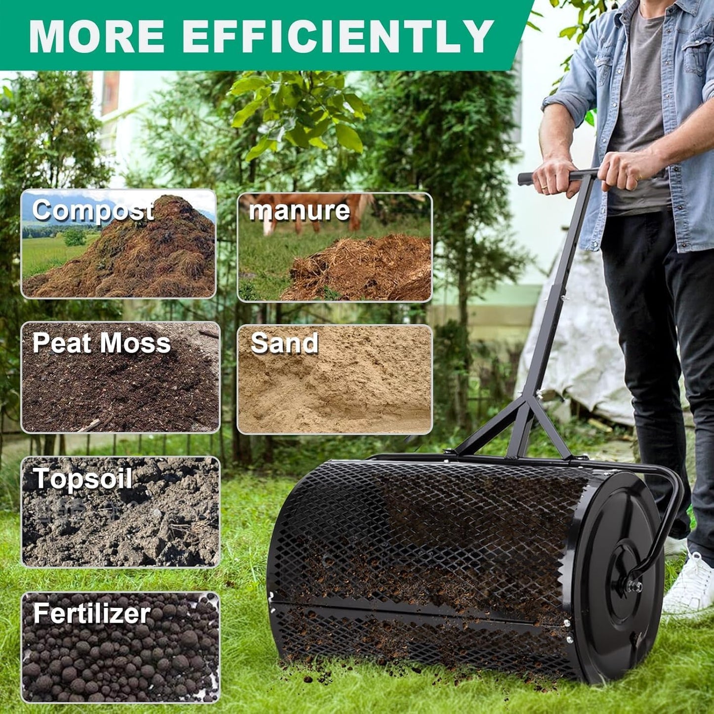 Compost Spreader, Durable Lawn Roller, Manure Spreader with Upgrade T Shaped Handle, Top Soil Spreader for Lawn and Garden Care Manure Spreaders Roller (16 Inch-T-Black-S)