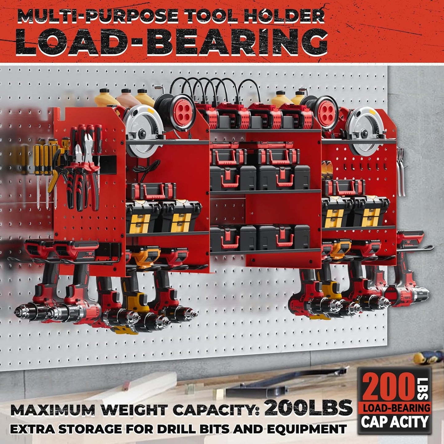 Upgrade Large Power Tool Organizer Wall Mount with Charging Station Tool Storage Rack with 6.5FT Power Strip 10 Drill Holder and Storage Rack for Garage Organization