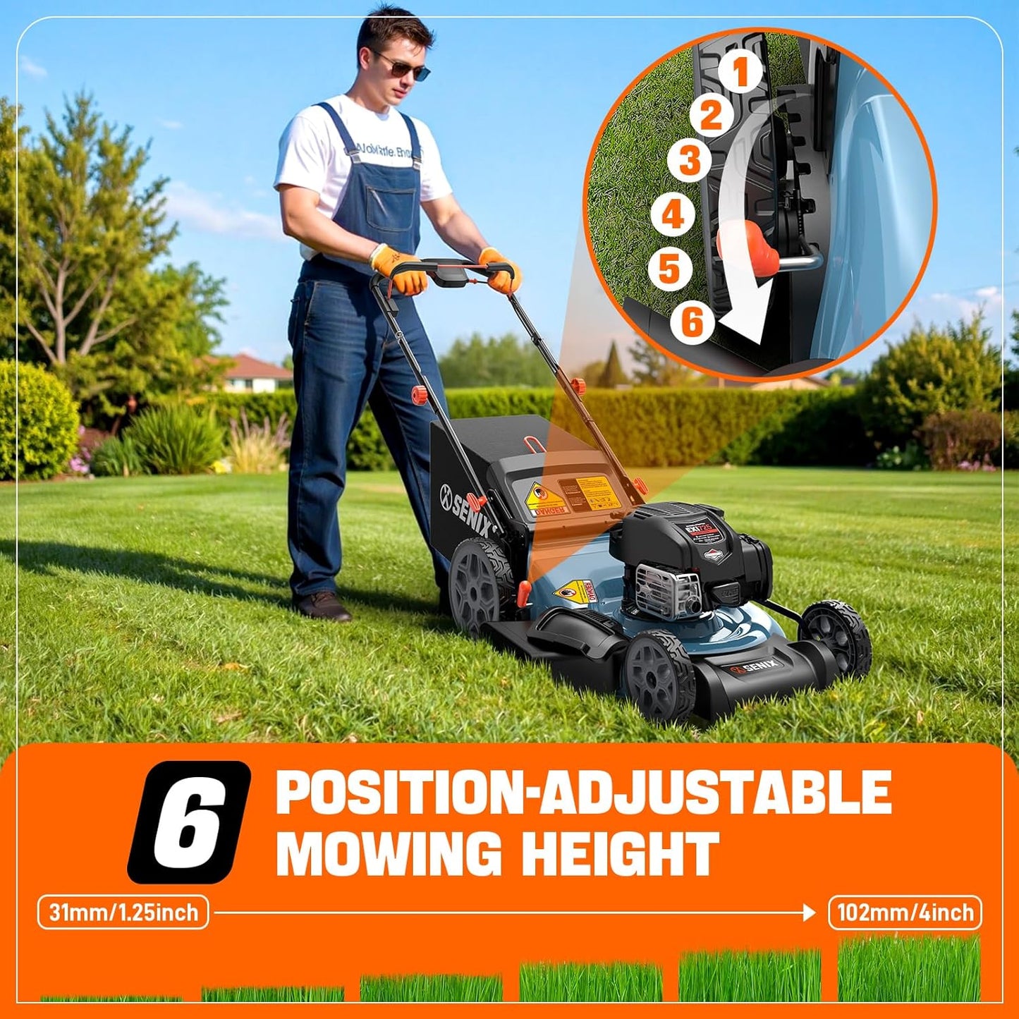 SENIX LSSG-H2 22-Inch Self Propelled Gas Lawn Mower with 163 cc 4-Cycle Engine, 3-in-1 Rear Wheel Drive Variable Speed Lawnmower, 6-Position Height Adjustment