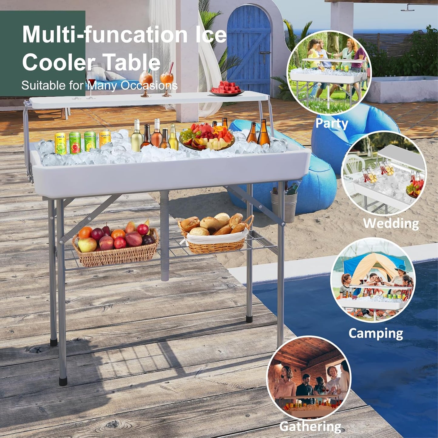 Ice Cooler Table with Drain, Two-Tier Plastic Folding Tables, with Removable Matching Skirt and Shelf, Indoor Outdoor Use for Party Camping Picnic Fishing Cleaning, 440 lbs Capacity