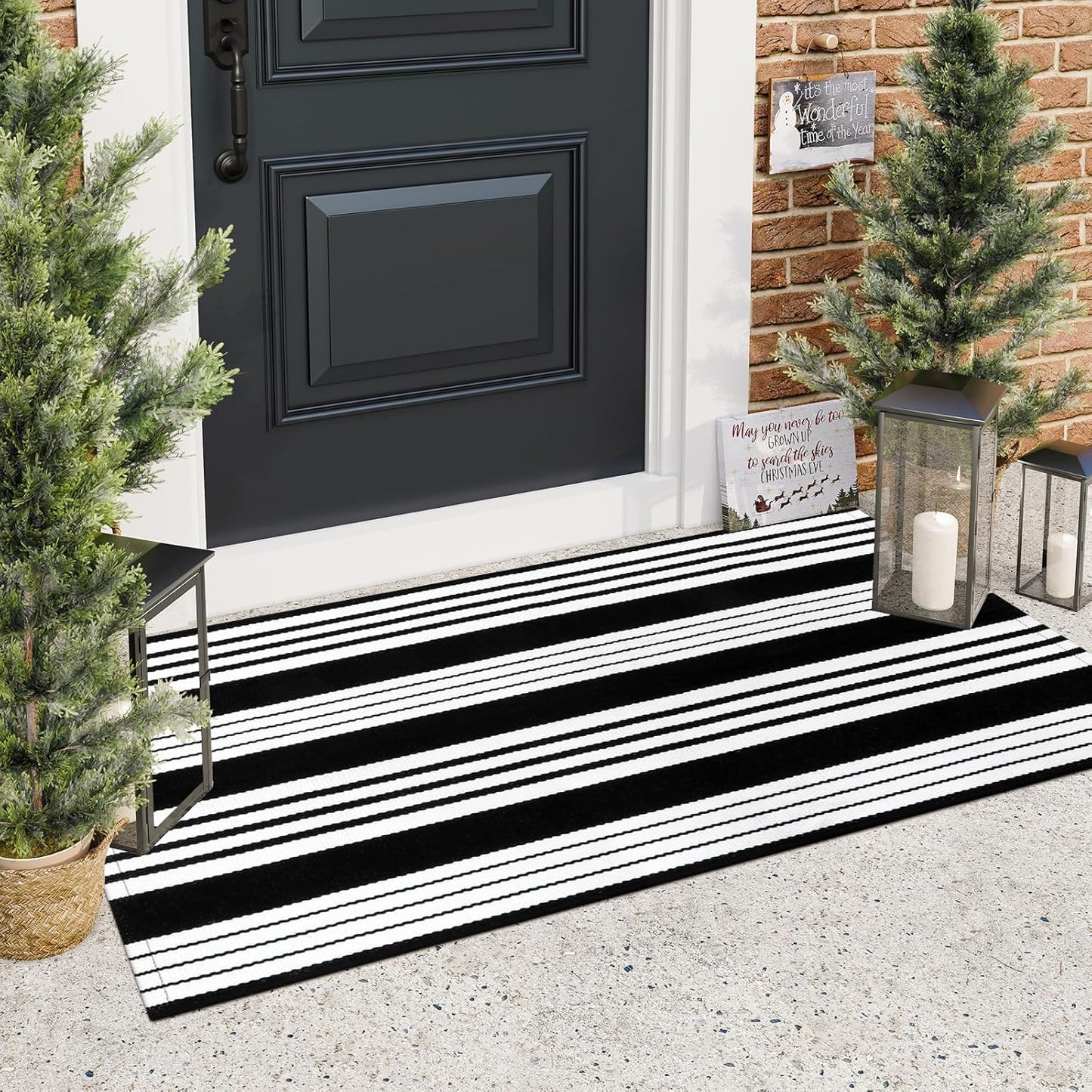 Black and White Striped Outdoor Rug, 2’ x 4.3’ Cotton Hand-Woven Reversible Front Porch Rug Washable Front Door Mat Entryway Rugs Welcome Layered Doormat Carpet for Patio Farmhouse Kitchen