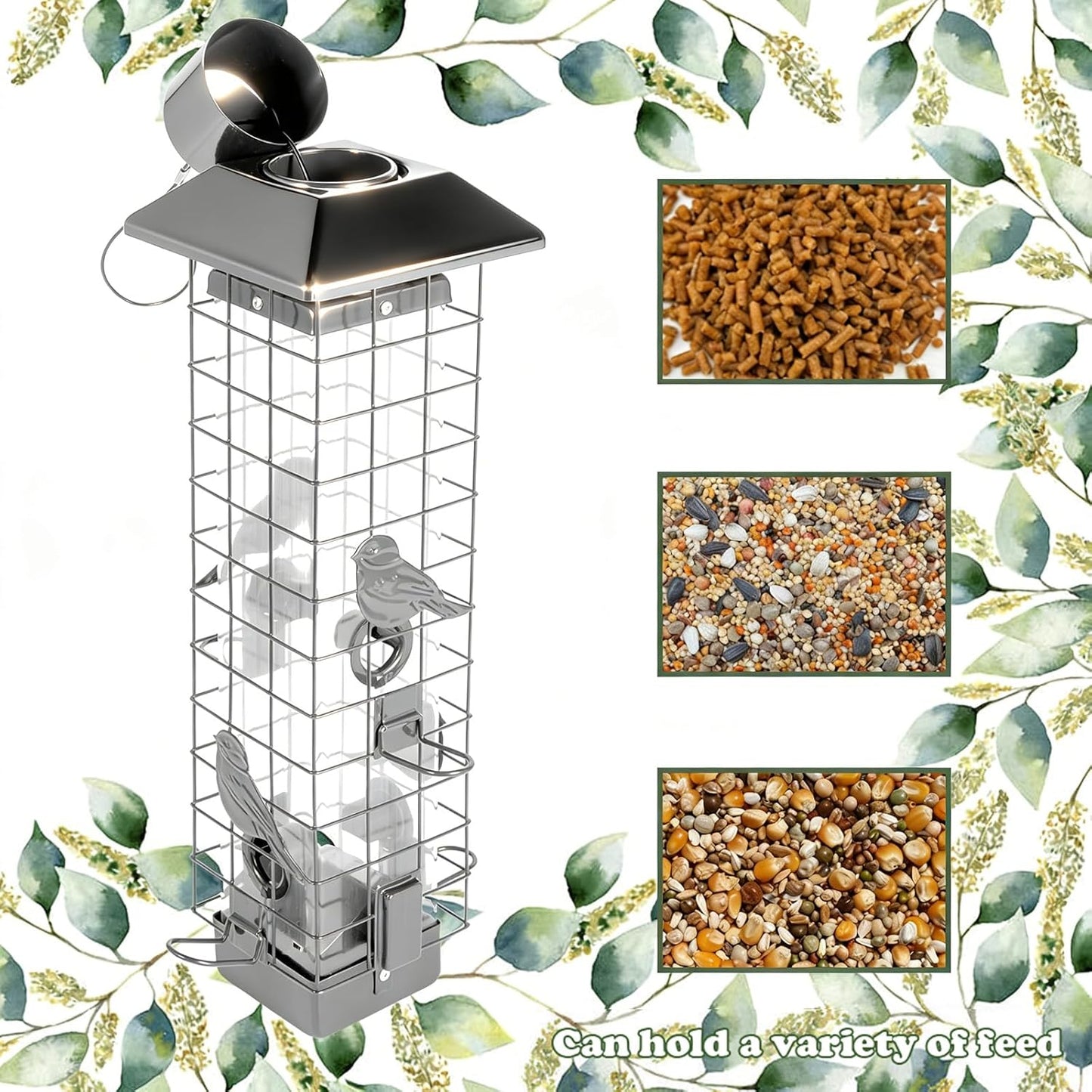 Squirrel Proof Bird Feeders for Outdoors, Metal Wild Bird Feeder for Outside Hanging, 4 Ports Perches, 3LB Large Capacity(Gray)